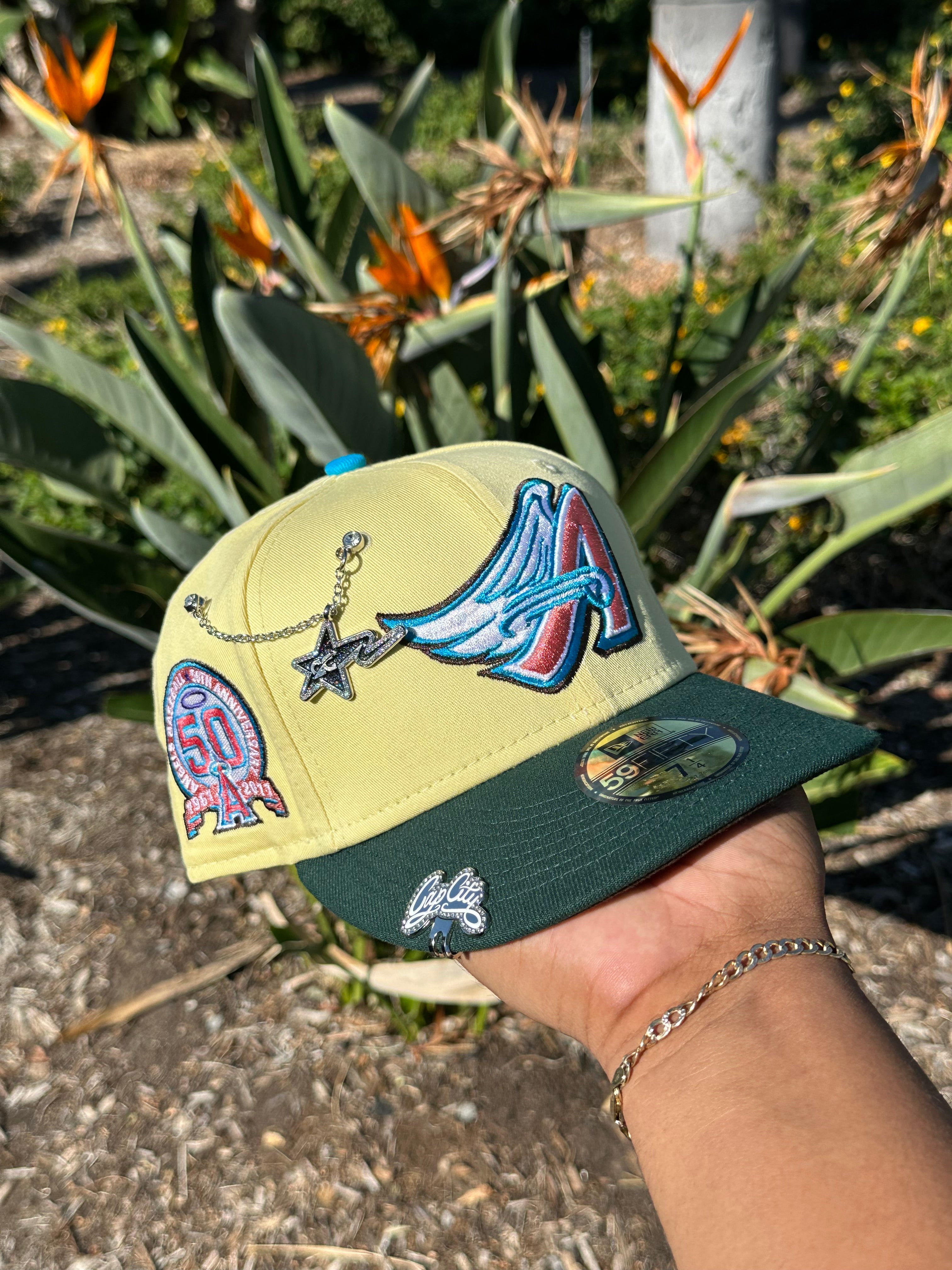 NEW ERA EXCLUSIVE 59FIFTY YELLOW/FOREST GREEN ANAHEIM ANGELS W/ 50TH A