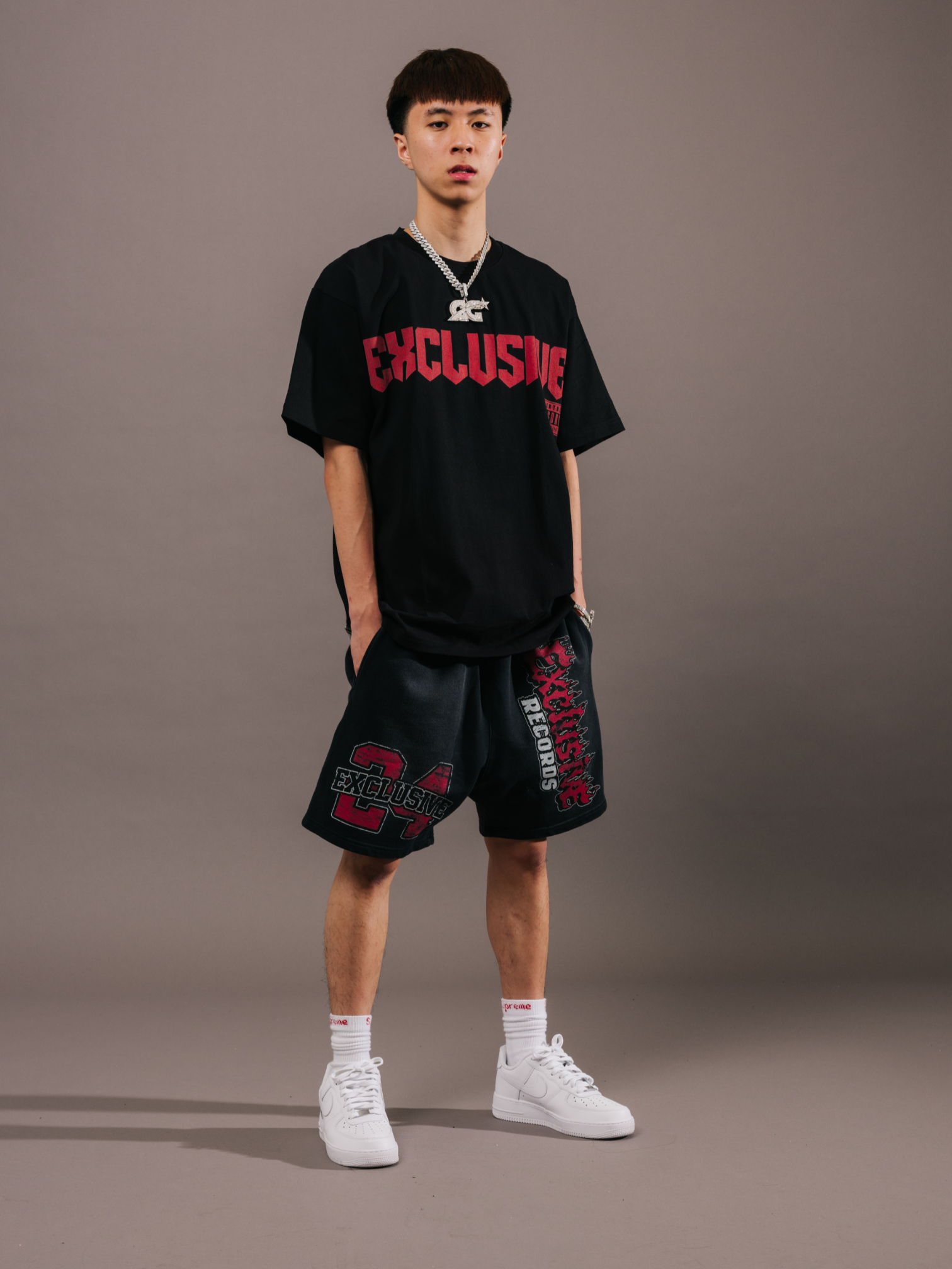 EXCLUSIVE CLUB ACID WASH EXCLUSIVE RECORDS SHORTS