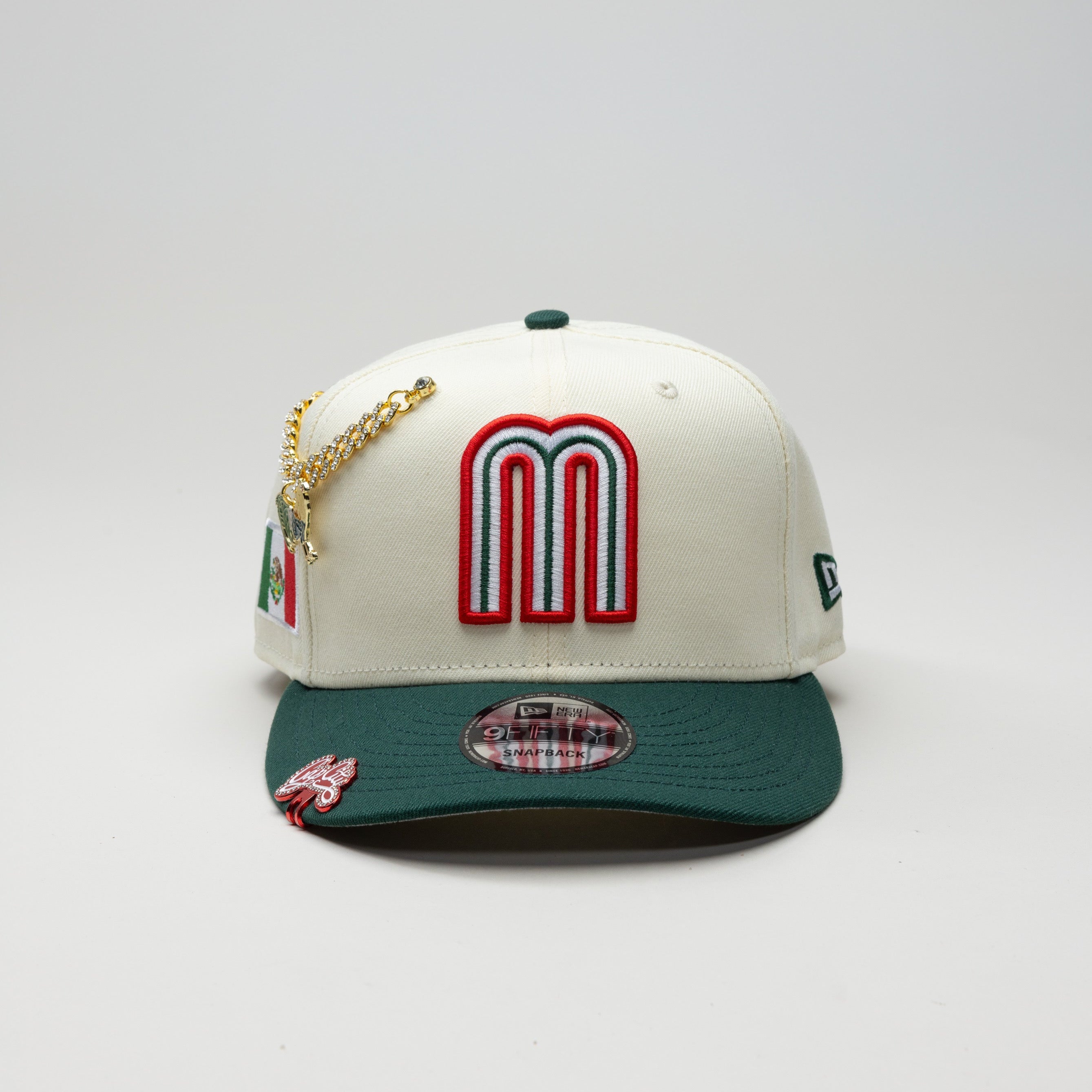 NEW ERA EXCLUSIVE 9FIFTY CHROME WHITE/FOREST GREEN MEXICO SNAPBACK W/ MEXICO FLAG SIDE PATCH