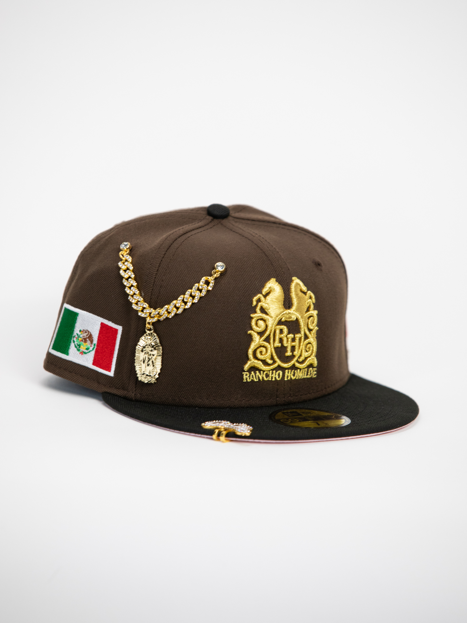 NEW* "RANCHO HUMILDE x NEW ERA x CAP CITY" BROWN/BLACK 59FIFTY FITTED W/ MEXICAN FLAG & PINK UV *FREE ACCESSORY INCLUDED