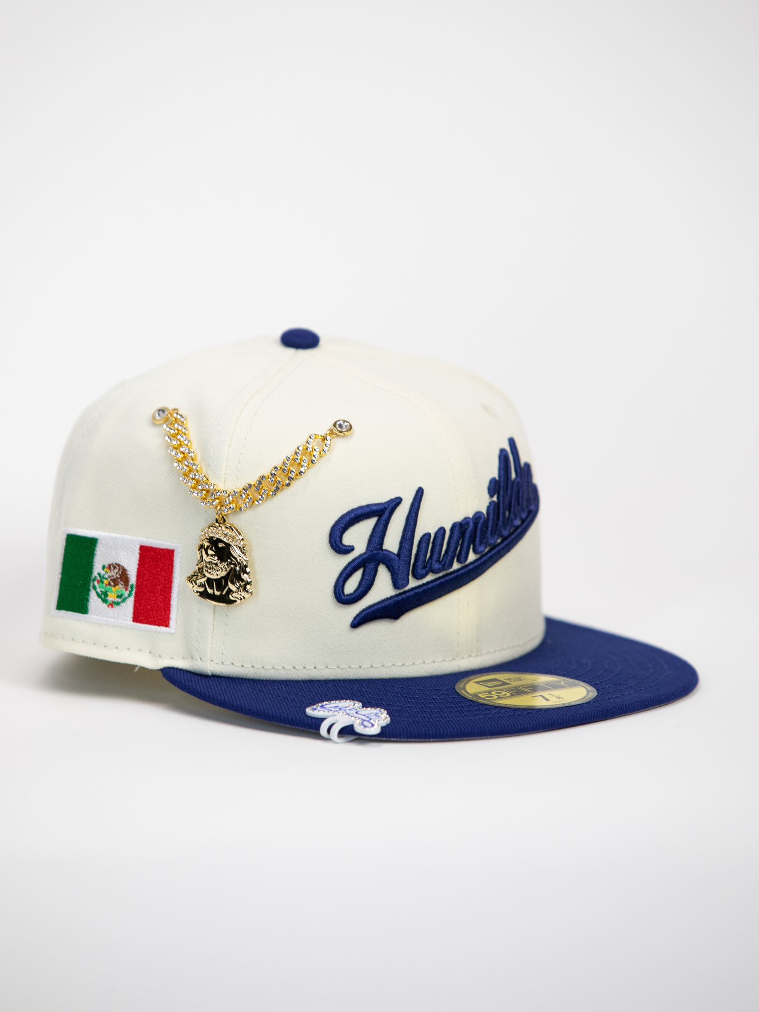 NEW* "RANCHO HUMILDE x NEW ERA x CAP CITY" WHITE/BLUE 59FIFTY FITTED W/ MEXICAN FLAG & GREY UV *FREE ACCESSORY INCLUDED