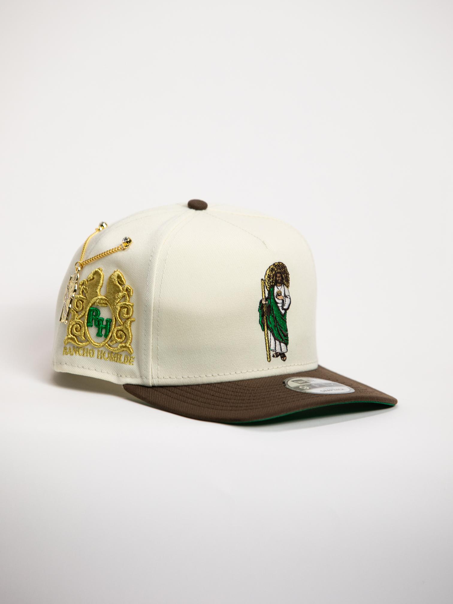 NEW* "RANCHO HUMILDE x NEW ERA x CAP CITY" WHITE/BROWN SAN JUDAS 9FIFTY A-FRAME W/ RANCHO LOGO & GREEN UV *FREE ACCESSORY INCLUDED