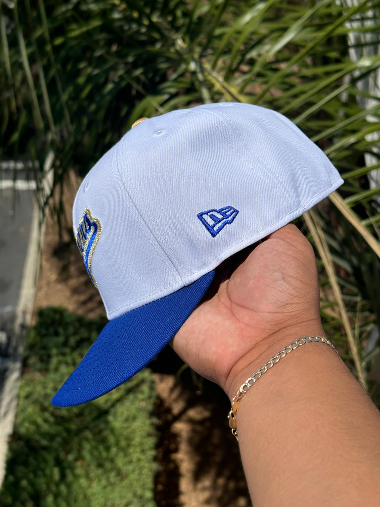 Light Navy Script Los Angeles Dodgers Toast Visor Green Bottom 60th Anniversary Side Patch New Era 59FIFTY Fitted 67/8