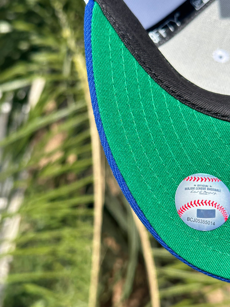 Light Navy Script Los Angeles Dodgers Toast Visor Green Bottom 60th Anniversary Side Patch New Era 59FIFTY Fitted 67/8