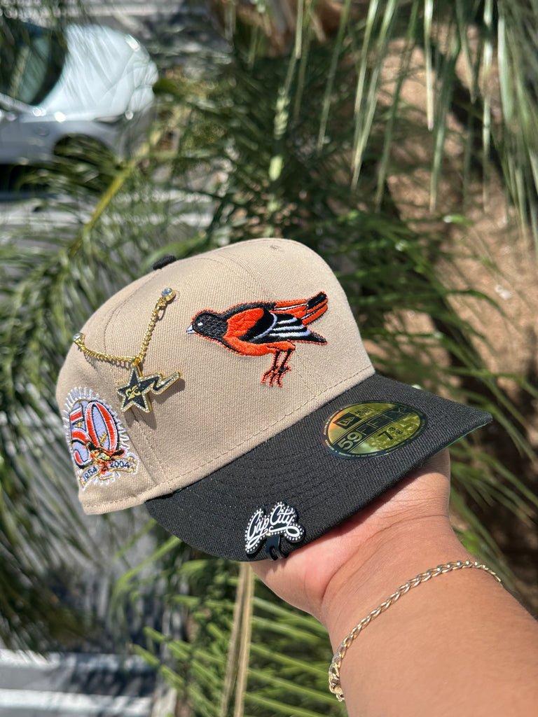 EXCLUSIVE NEW ERA 59FIFTY BALTIMORE ORIOLES MLB 50TH ANNIVERSARY CHROME  WHITE / KELLY GREEN UV FITTED CAP ELF COLLECTION