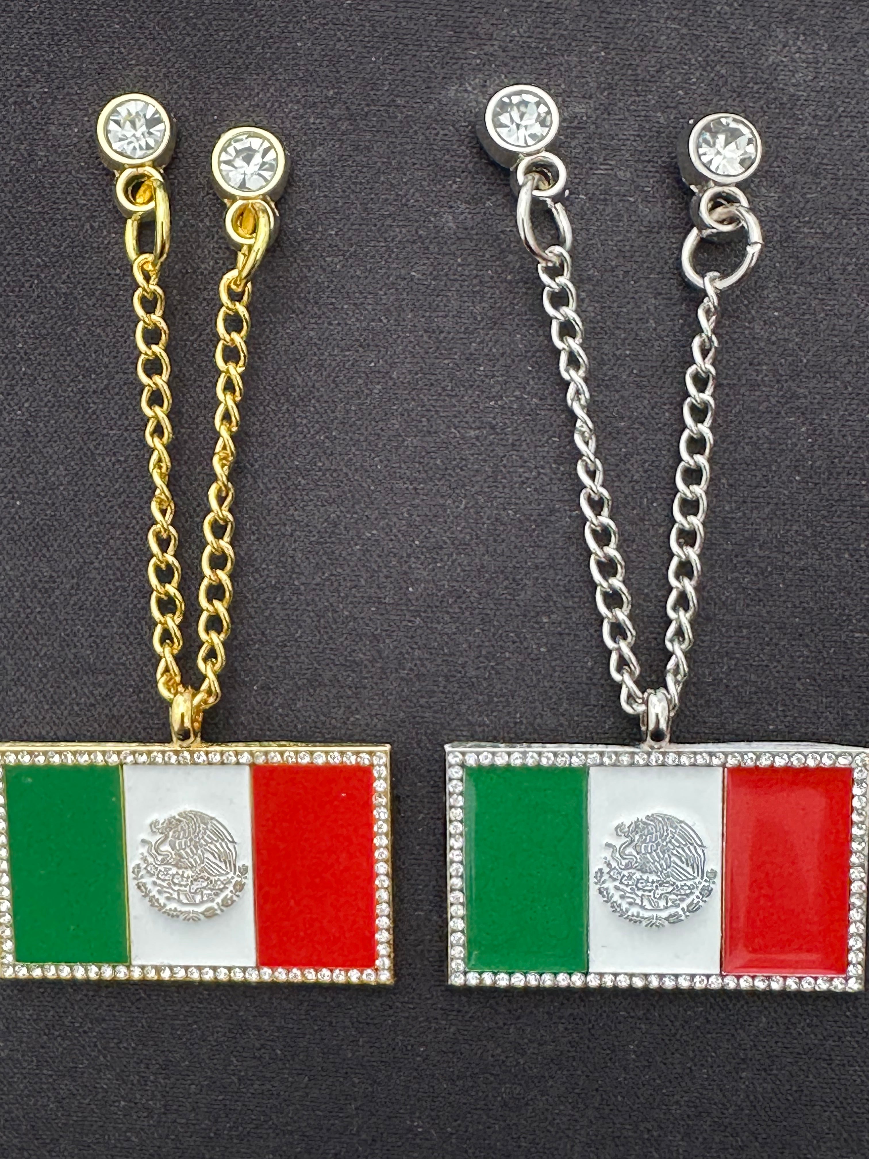 2PACK SILVER & GOLD ICED OUT MEXICO FLAG CHAINS W/ RHINESTONES