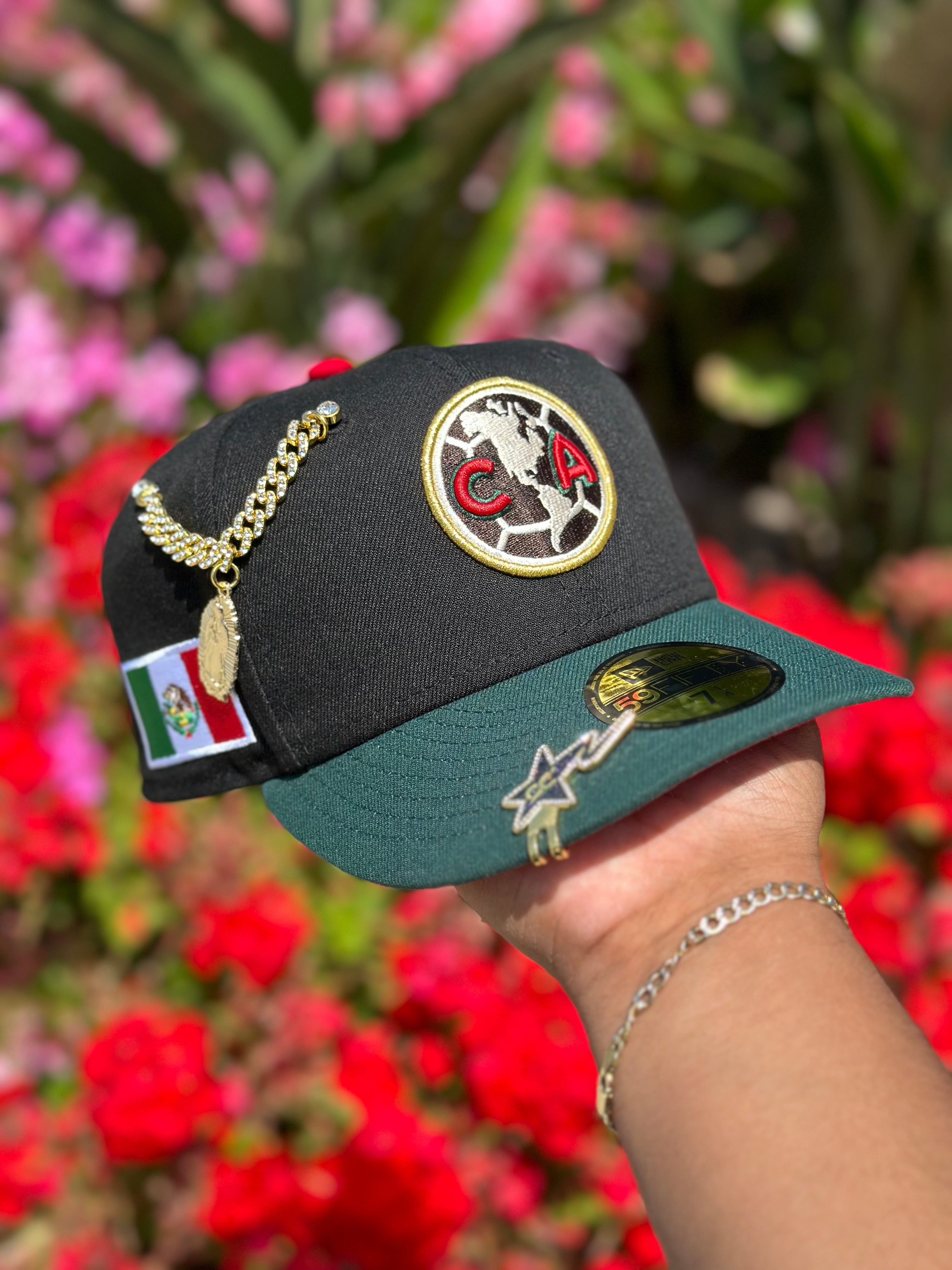 NEW ERA EXCLUSIVE 59FIFTY BLACK/FOREST GREEN "CLUB AMERICA" W/ MEXICO FLAG SIDE PATCH