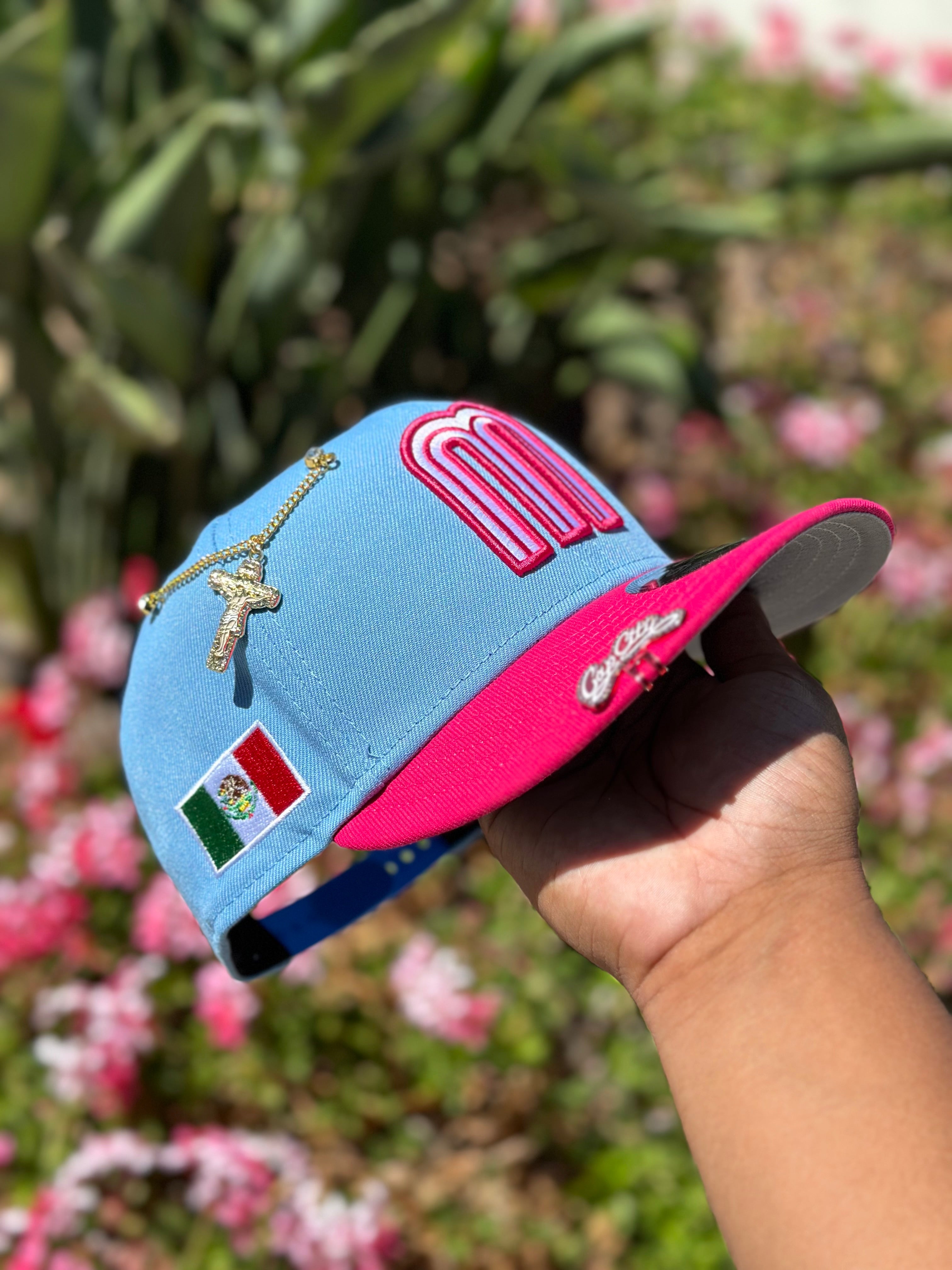 NEW ERA EXCLUSIVE 9FIFTY SKY BLUE/HOT PINK MEXICO SNAPBACK W/ MEXICO FLAG SIDE PATCH