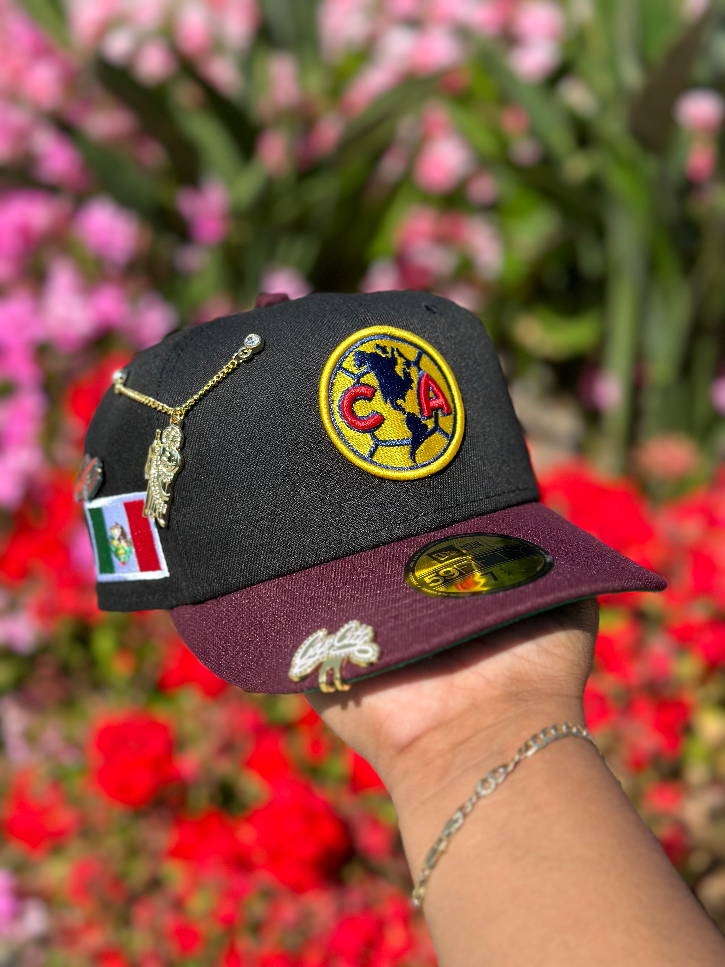 NEW ERA EXCLUSIVE 59FIFTY BLACK/BURGUNDY "CLUB AMERICA" W/ MEXICO FLAG SIDE PATCH