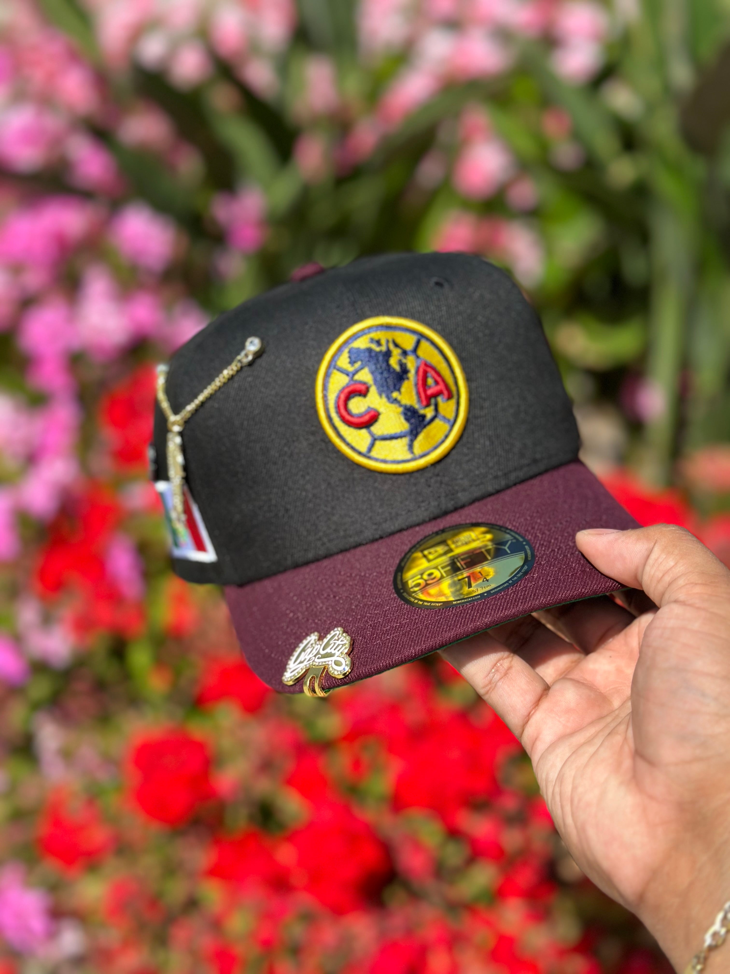 NEW ERA EXCLUSIVE 59FIFTY BLACK/BURGUNDY "CLUB AMERICA" W/ MEXICO FLAG SIDE PATCH