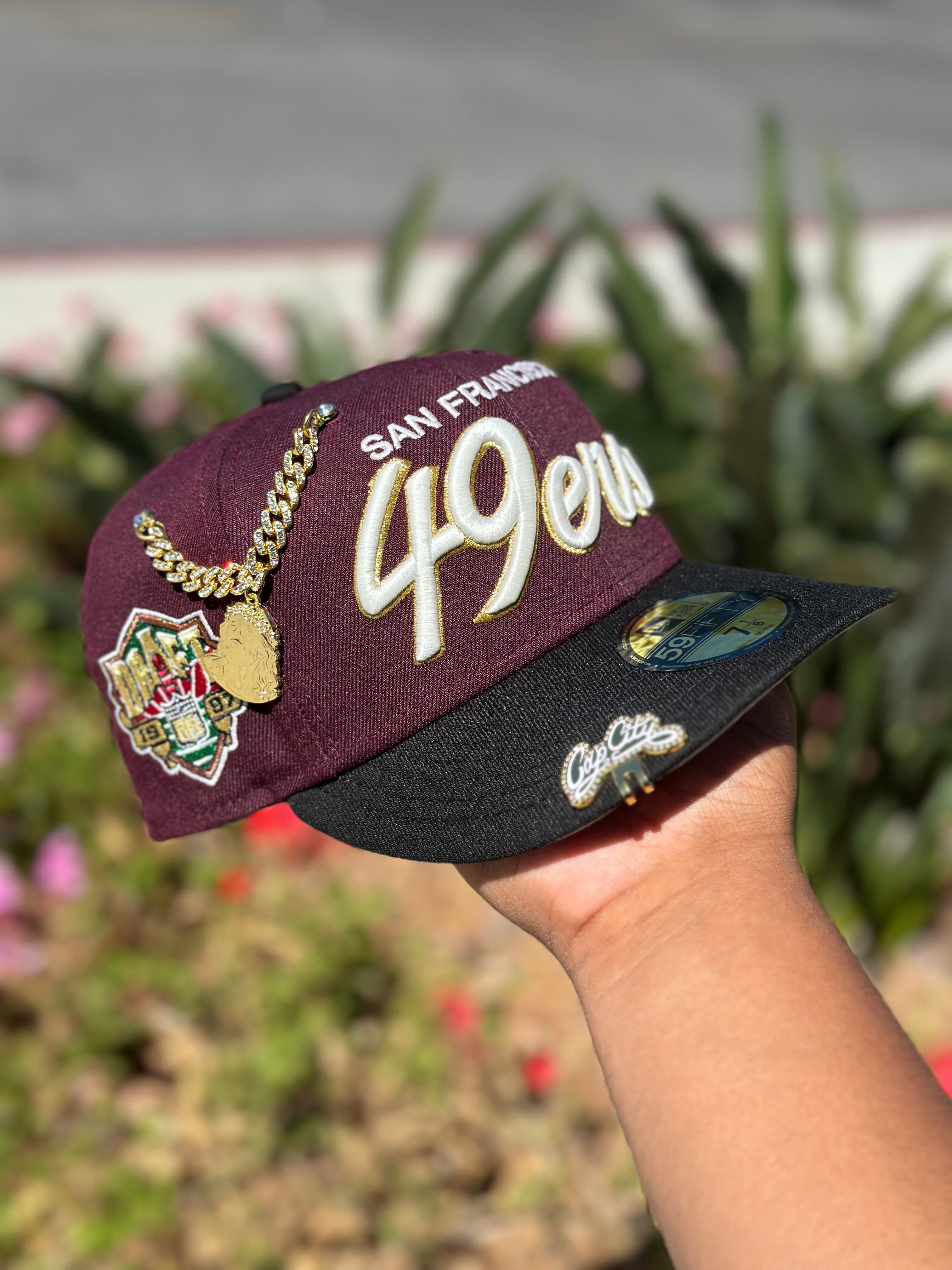 NEW ERA EXCLUSIVE 59FIFTY MAROON/BLACK SAN FRANCISCO "49ERS" SCRIPT W/ 1997 NFL DRAFT SIDE PATCH