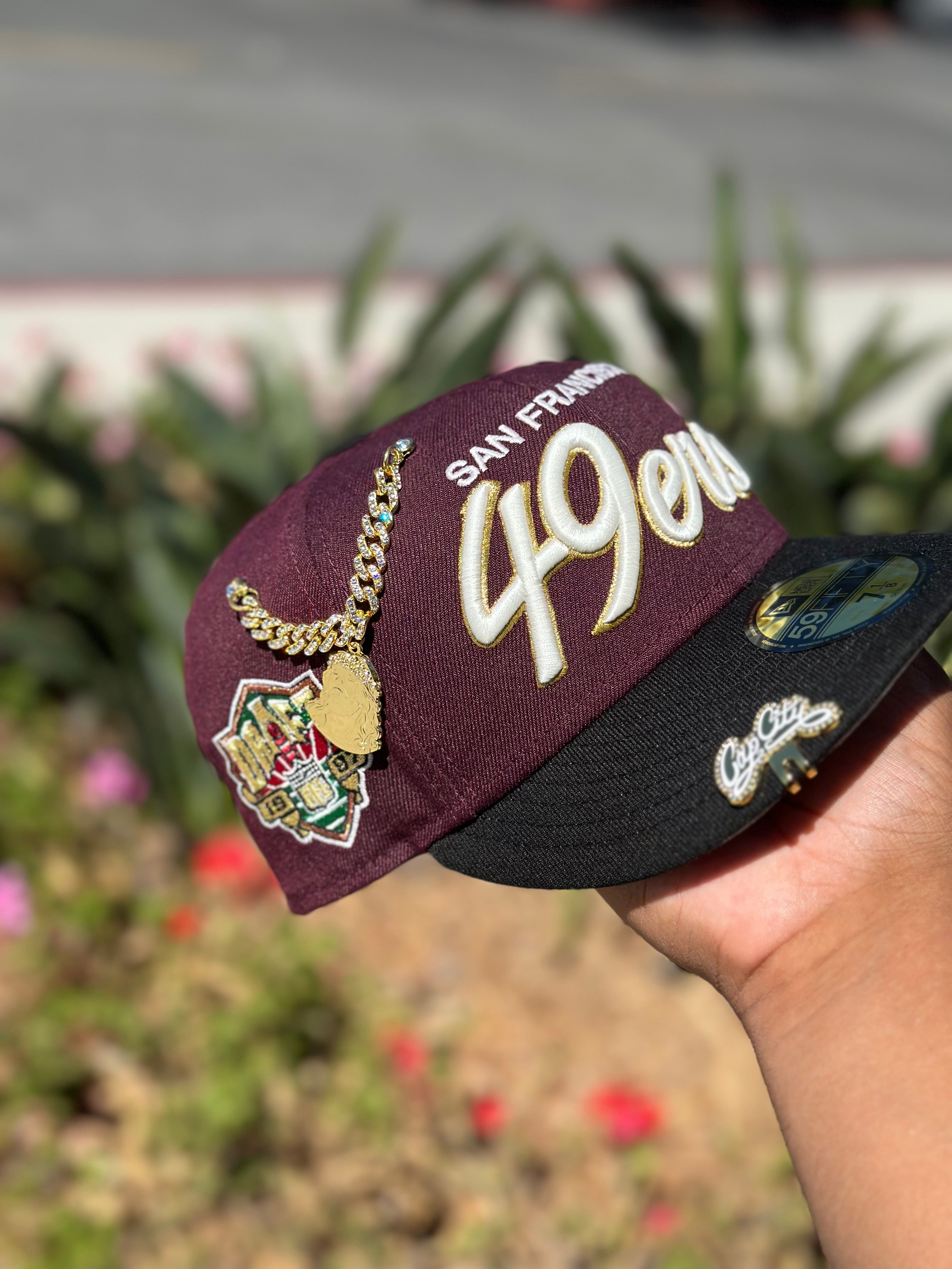 NEW ERA EXCLUSIVE 59FIFTY MAROON/BLACK SAN FRANCISCO "49ERS" SCRIPT W/ 1997 NFL DRAFT SIDE PATCH