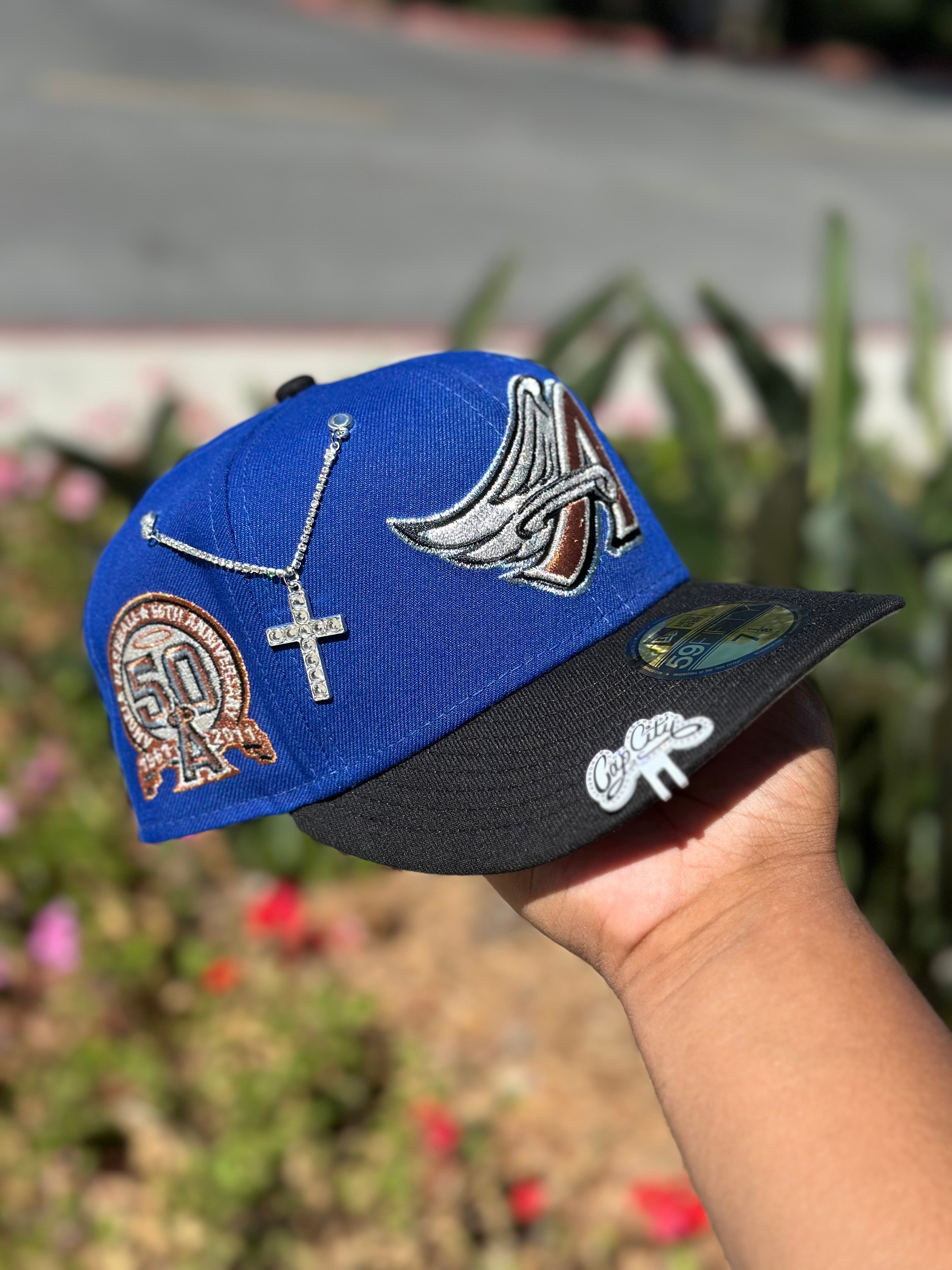 NEW ERA 59FIFTY BLUE/BLACK ANAHEIM ANGELS W/ 50TH ANNIVERSARY SIDE PATCH