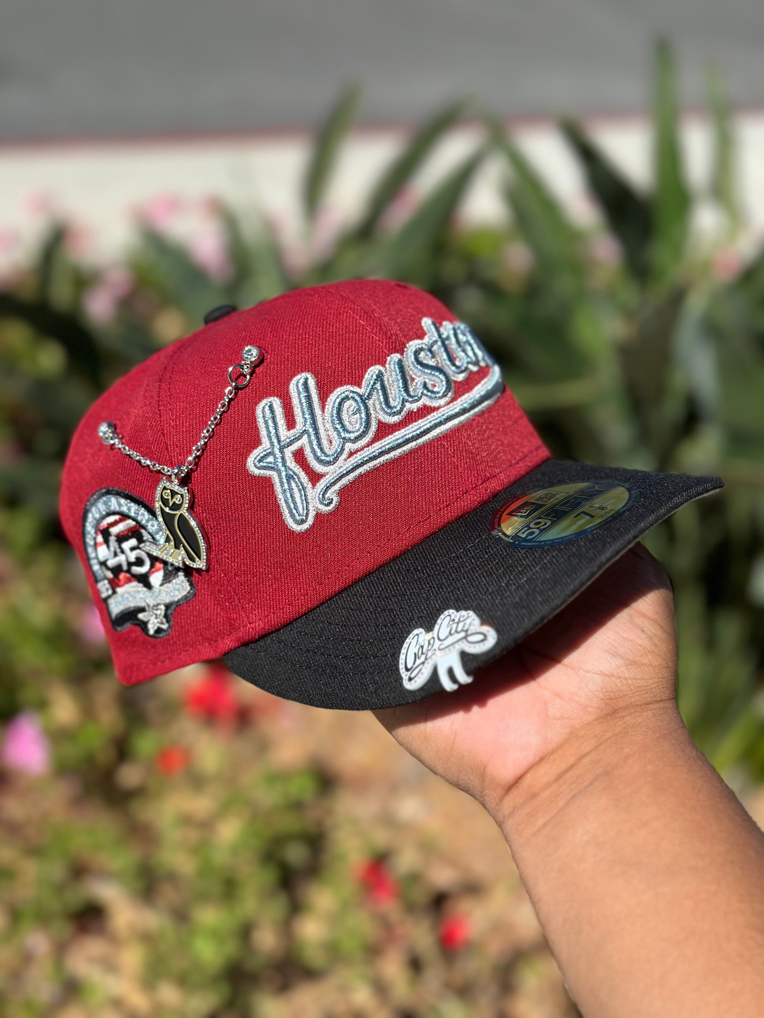 NEW ERA EXCLUSIVE 59FIFTY BURGUNDY/BLACK HOUSTON ASTROS SCRIPT W/ 45TH ANNIVERSARY SIDE PATCH