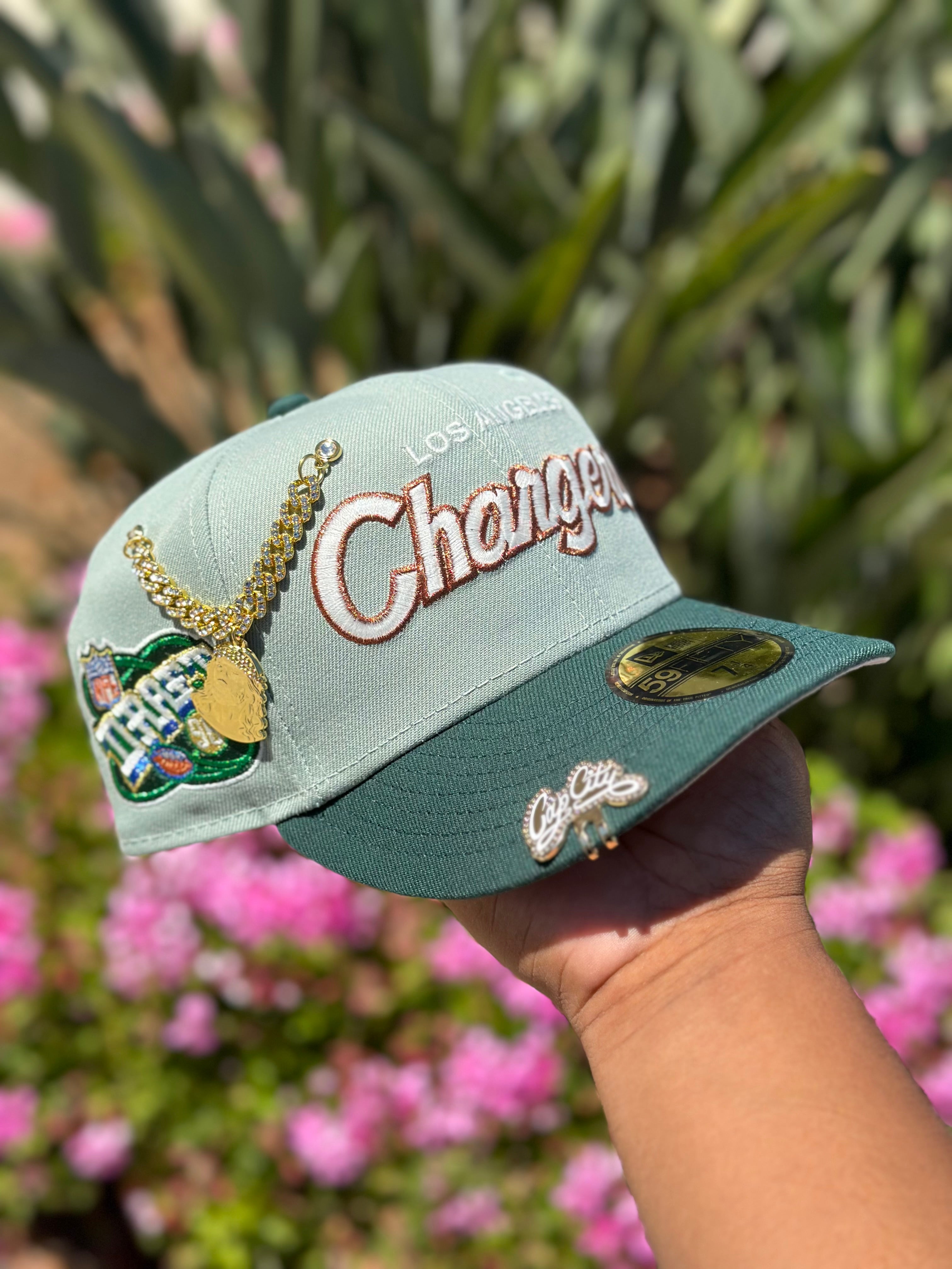 NEW ERA EXCLUSIVE 59FIFTY MINT/EMERALD GREEN LOS ANGELES CHARGERS W/ NFL DRAFT SIDE PATCH