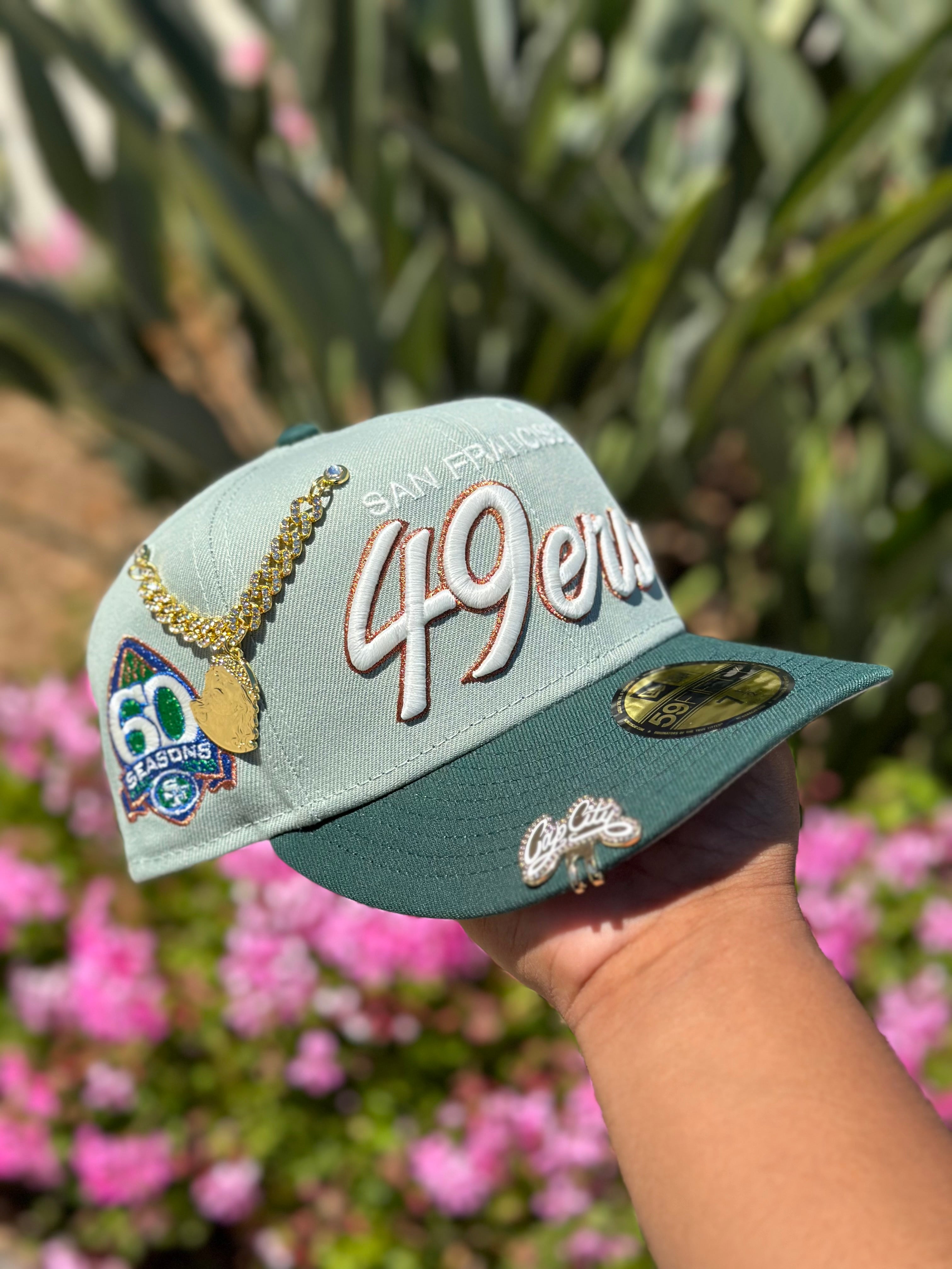 NEW ERA EXCLUSIVE 59FIFTY MINT/ EMERALD GREEN SAN FRANCISCO "49ERS" SCRIPT W/ 60 SEASONS SIDE PATCH