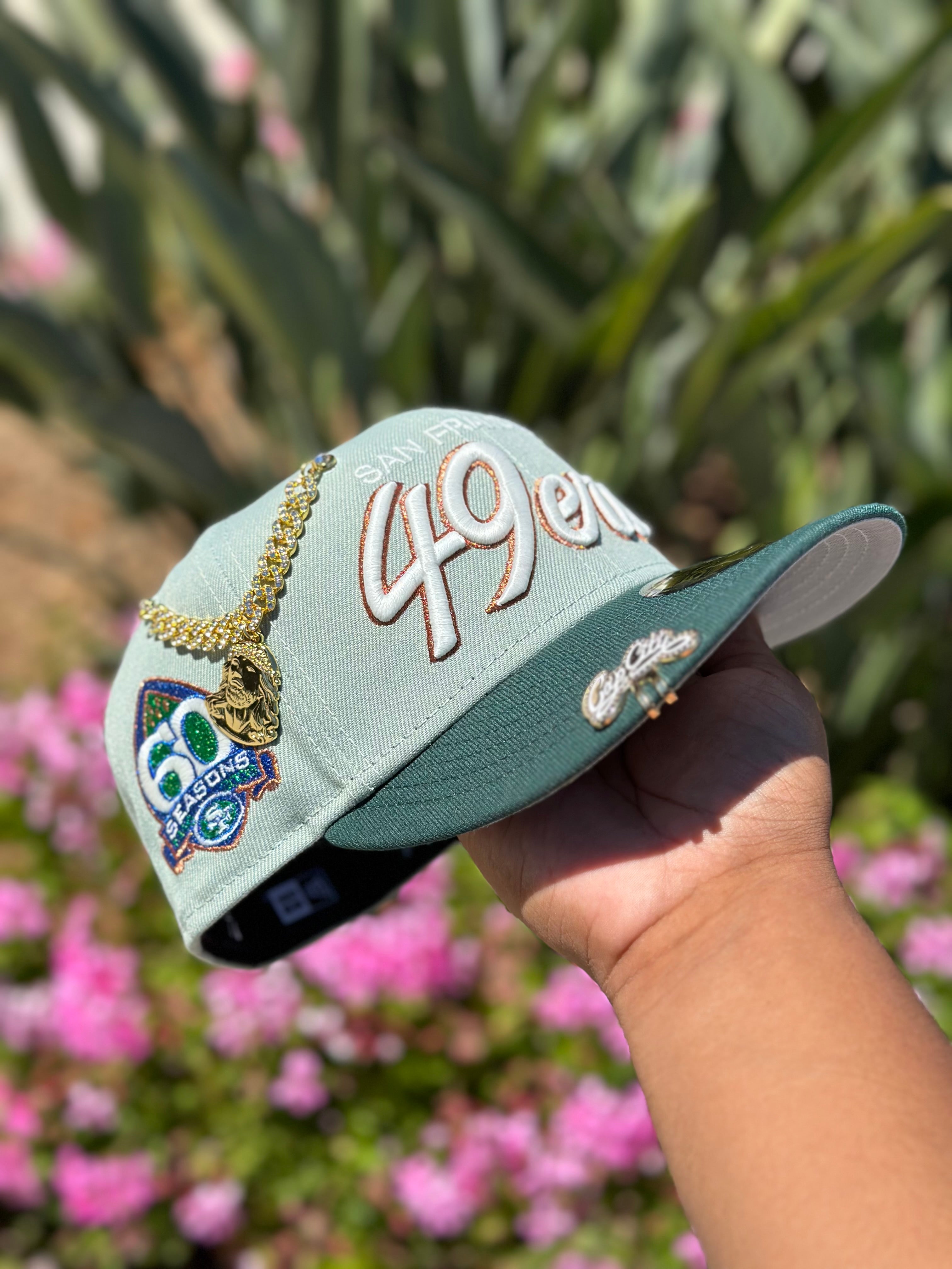 NEW ERA EXCLUSIVE 59FIFTY MINT/ EMERALD GREEN SAN FRANCISCO "49ERS" SCRIPT W/ 60 SEASONS SIDE PATCH