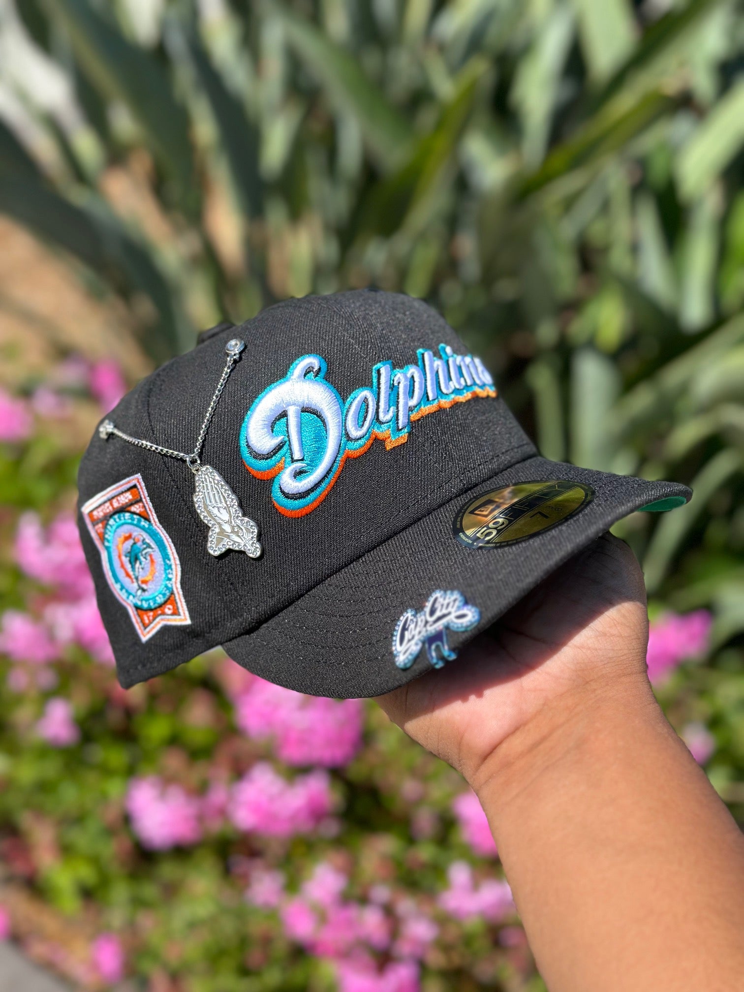 NEW ERA EXCLUSIVE 59FIFTY BLACK MIAMI DOLPHINS SCRIPT W/ 30TH ANNIVERSARY SIDE PATCH