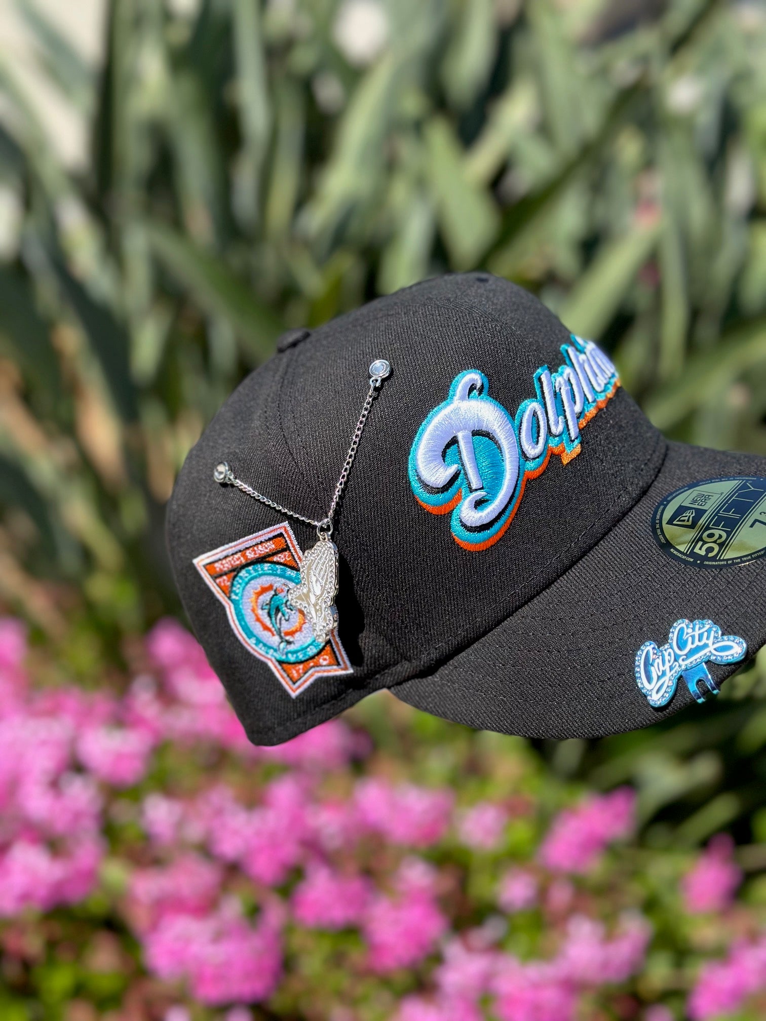 NEW ERA EXCLUSIVE 59FIFTY BLACK MIAMI DOLPHINS SCRIPT W/ 30TH ANNIVERSARY SIDE PATCH