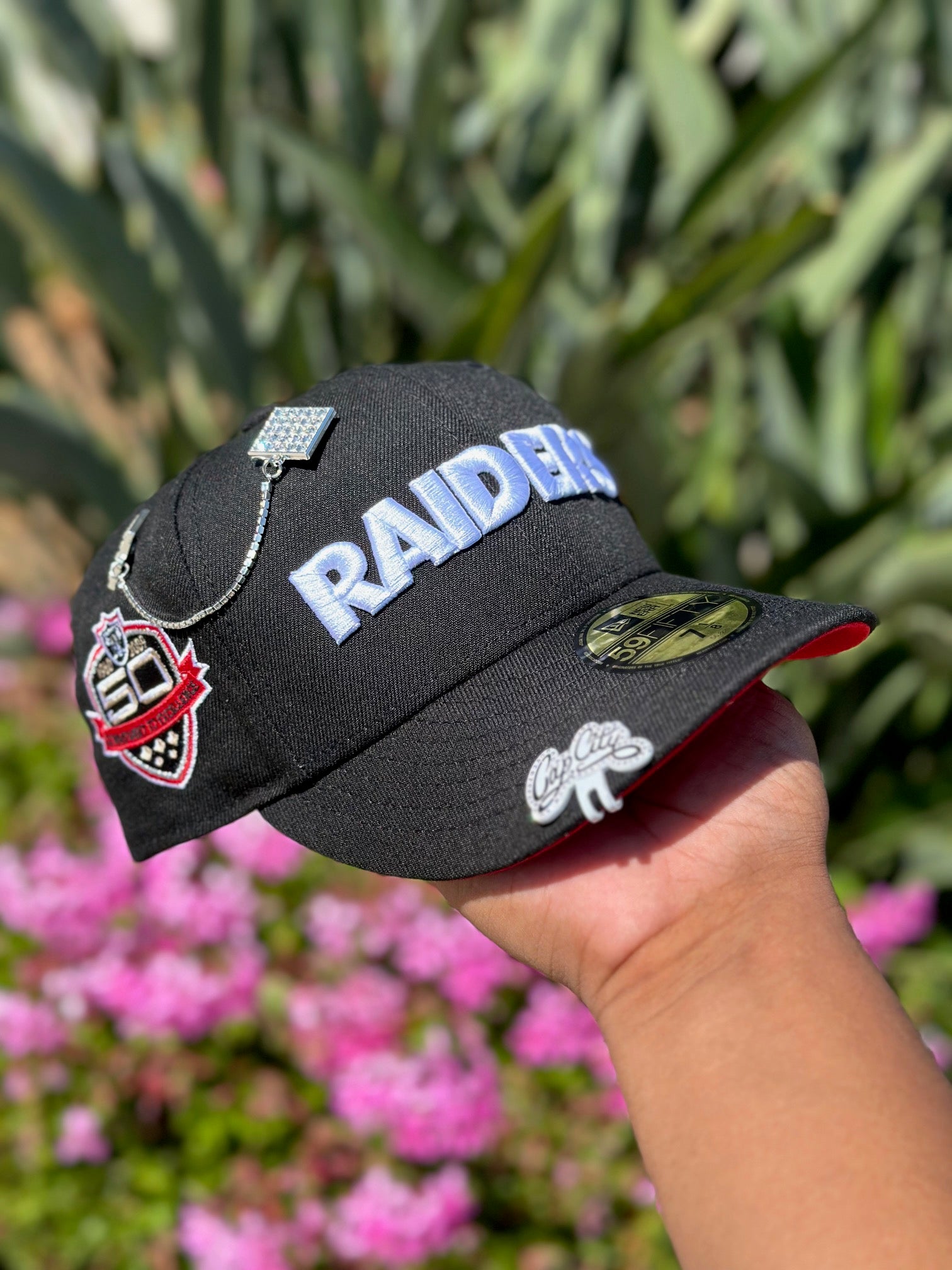 NEW ERA EXCLUSIVE 59FIFTY BLACK LAS VEGAS RAIDERS SCRIPT W/ 50TH ANNIVERSARY SIDE PATCH