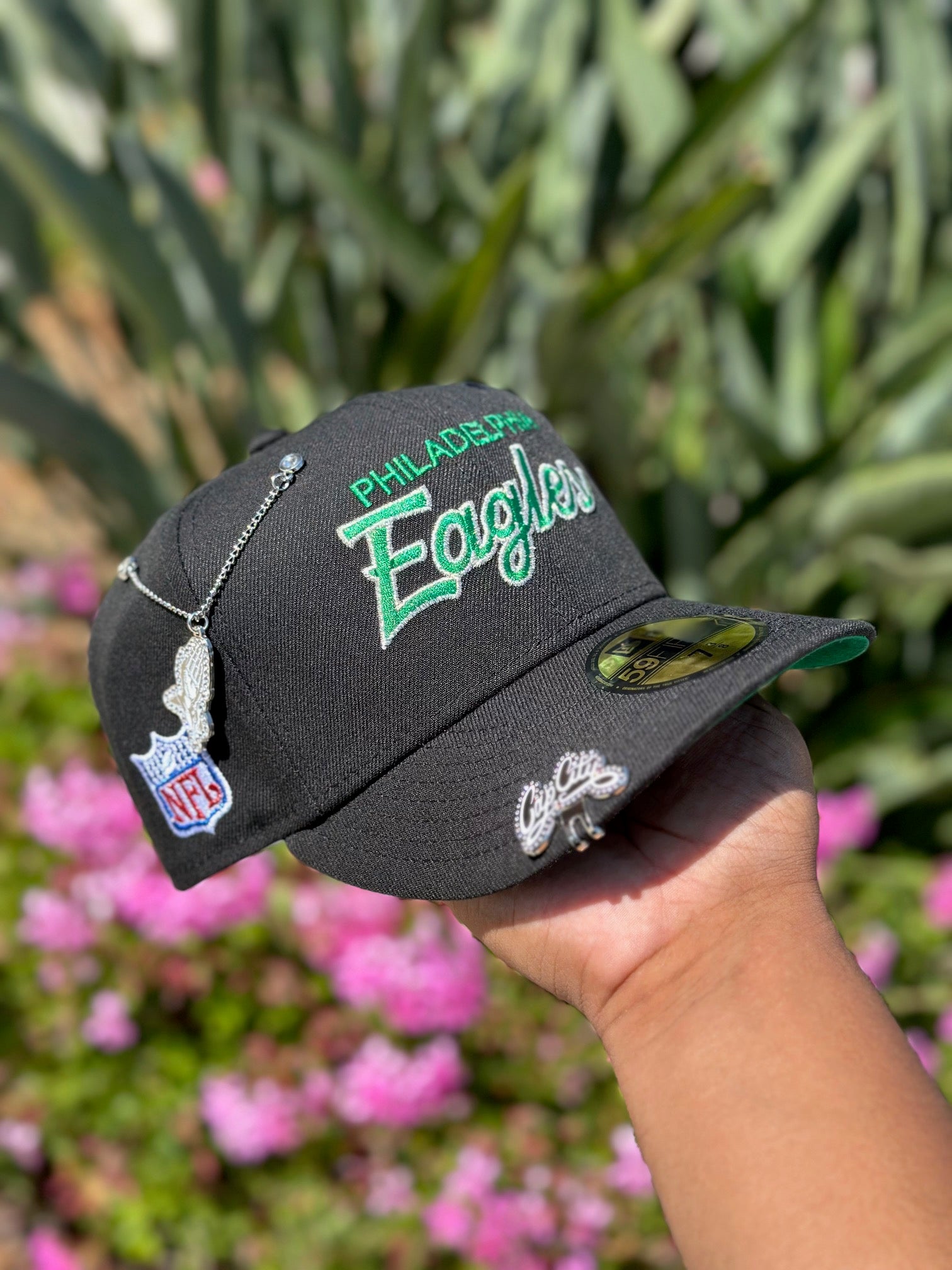 EXCLUSIVO DE NEW ERA 59FIFTY NEGRO/VERDE GUIÓN DE PHILADELPHIA EAGLES AL REVÉS CON PARCHE LATERAL DE LA TEMPORADA 75 