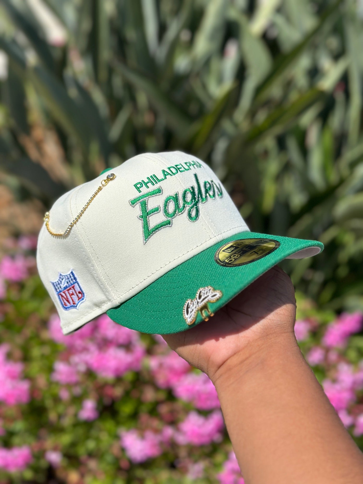 EXCLUSIVO DE NEW ERA 59FIFTY NEGRO/VERDE GUIÓN DE PHILADELPHIA EAGLES AL REVÉS CON PARCHE LATERAL DE LA TEMPORADA 75 