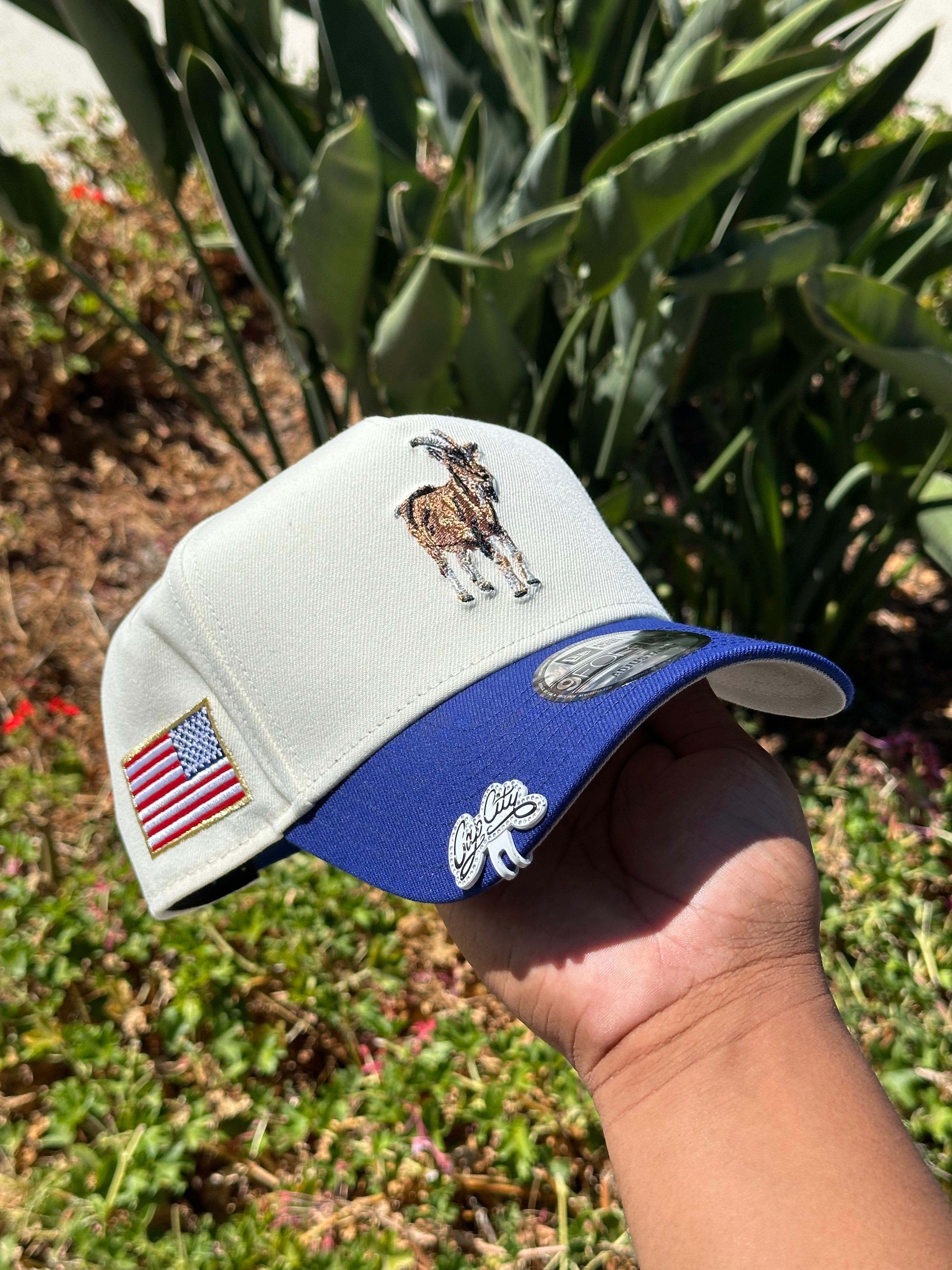 NEW ERA EXCLUSIVE 9FORTY A-FRAME CHROME WHITE/BLUE "THE GOAT 2.O" W/ AMERICAN FLAG SIDE PATCH