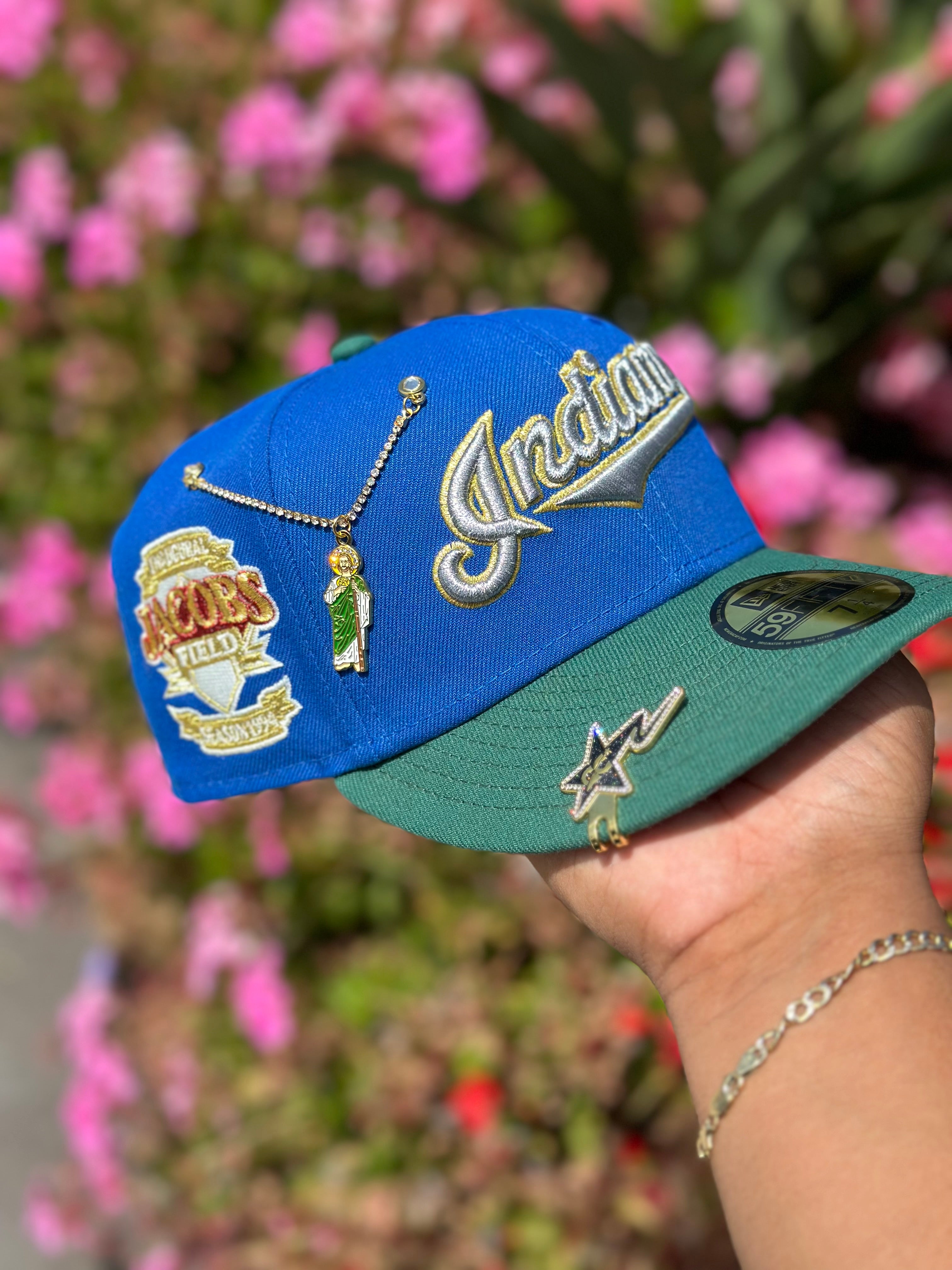 NEW ERA EXCLUSIVE 59FIFTY BLUE/PINE GREEN CLEVELAND INDIANS SCRIPT W/ "JACOBS FIELD" SIDE PATCH