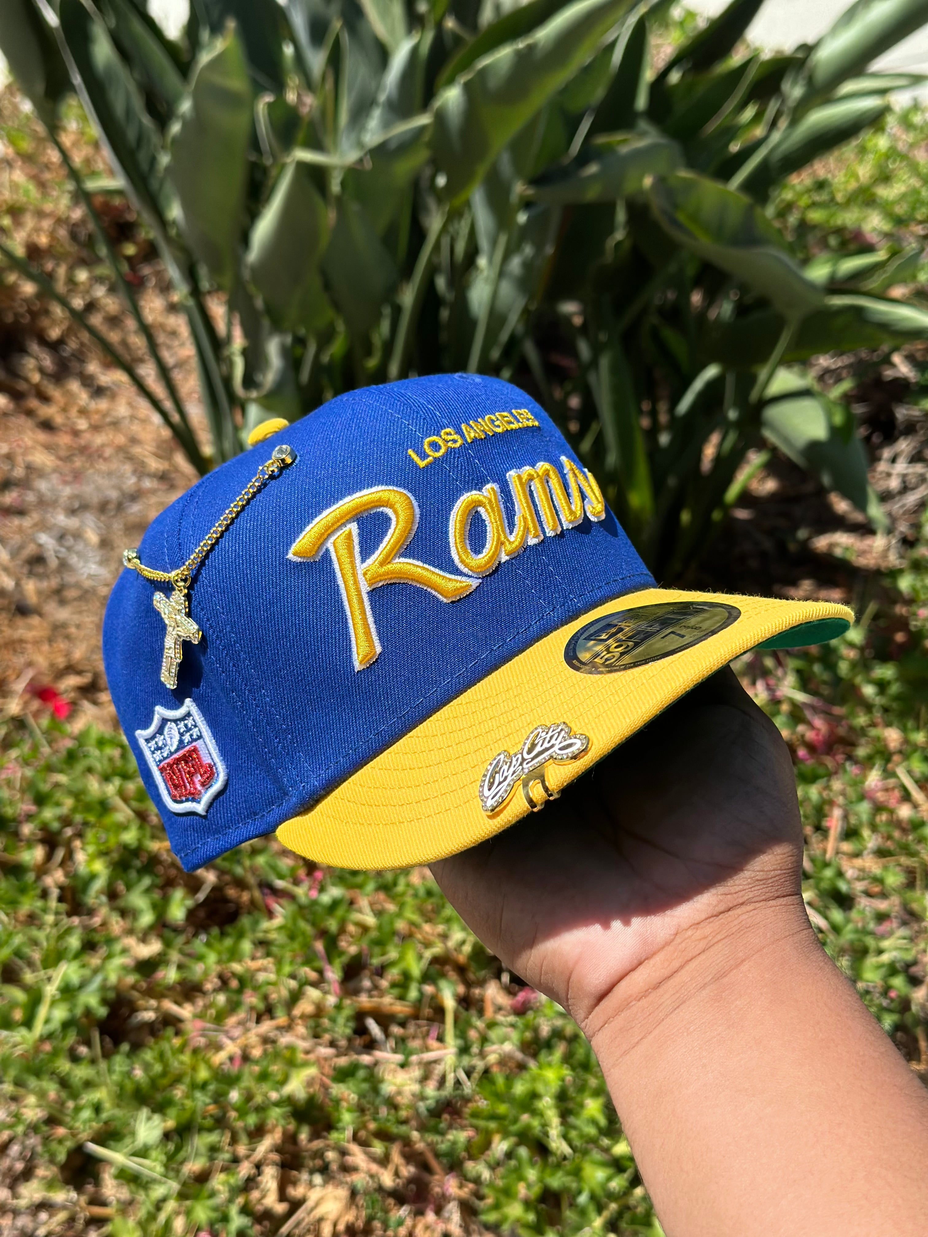 NEW ERA EXCLUSIVE 59FIFTY BLUE/YELLOW LOS ANGELES RAMS SCRIPT W/ NFL LOGO SIDE PATCH