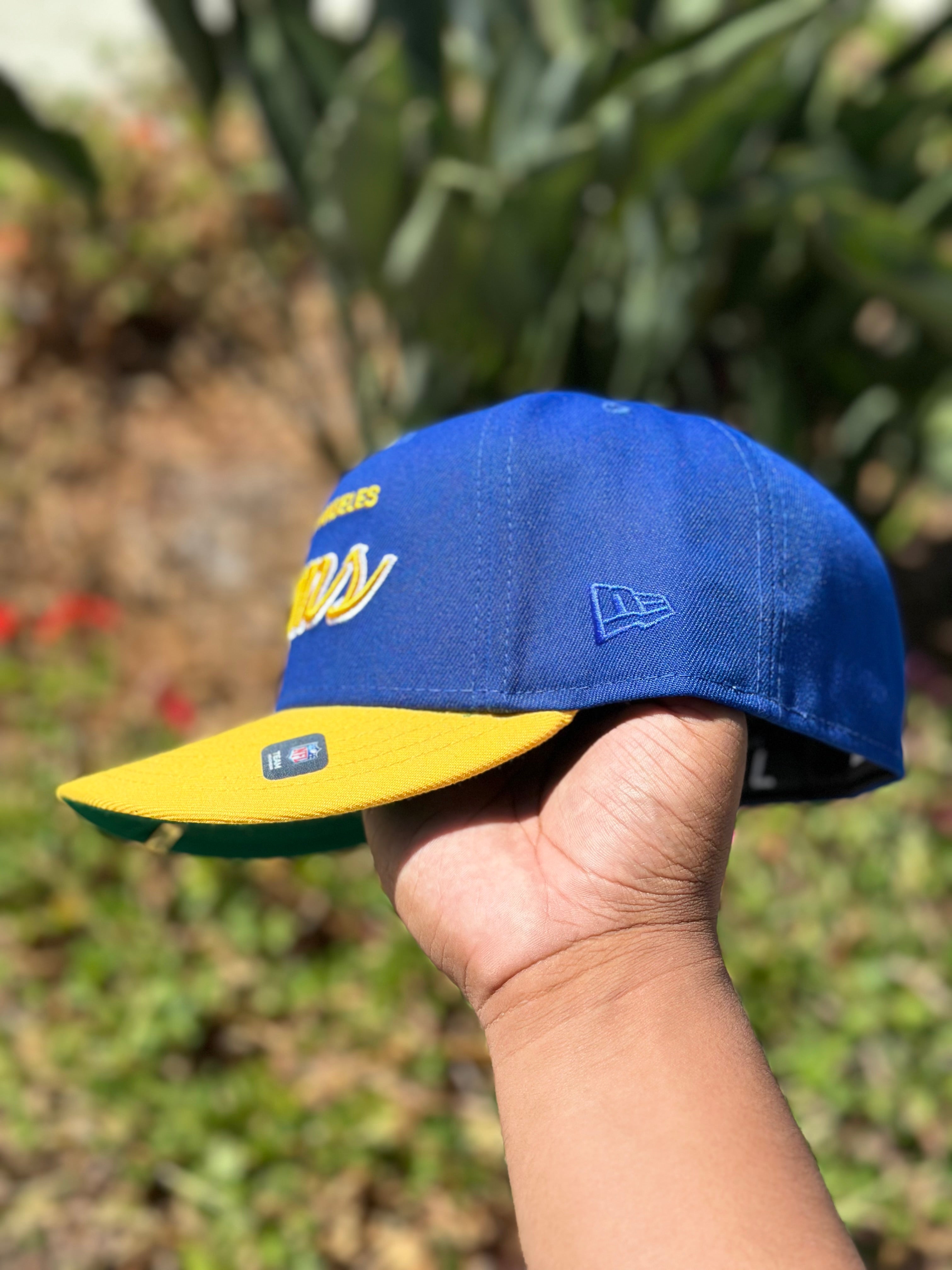 NEW ERA EXCLUSIVE 59FIFTY BLUE/YELLOW LOS ANGELES RAMS SCRIPT W/ NFL LOGO  SIDE PATCH