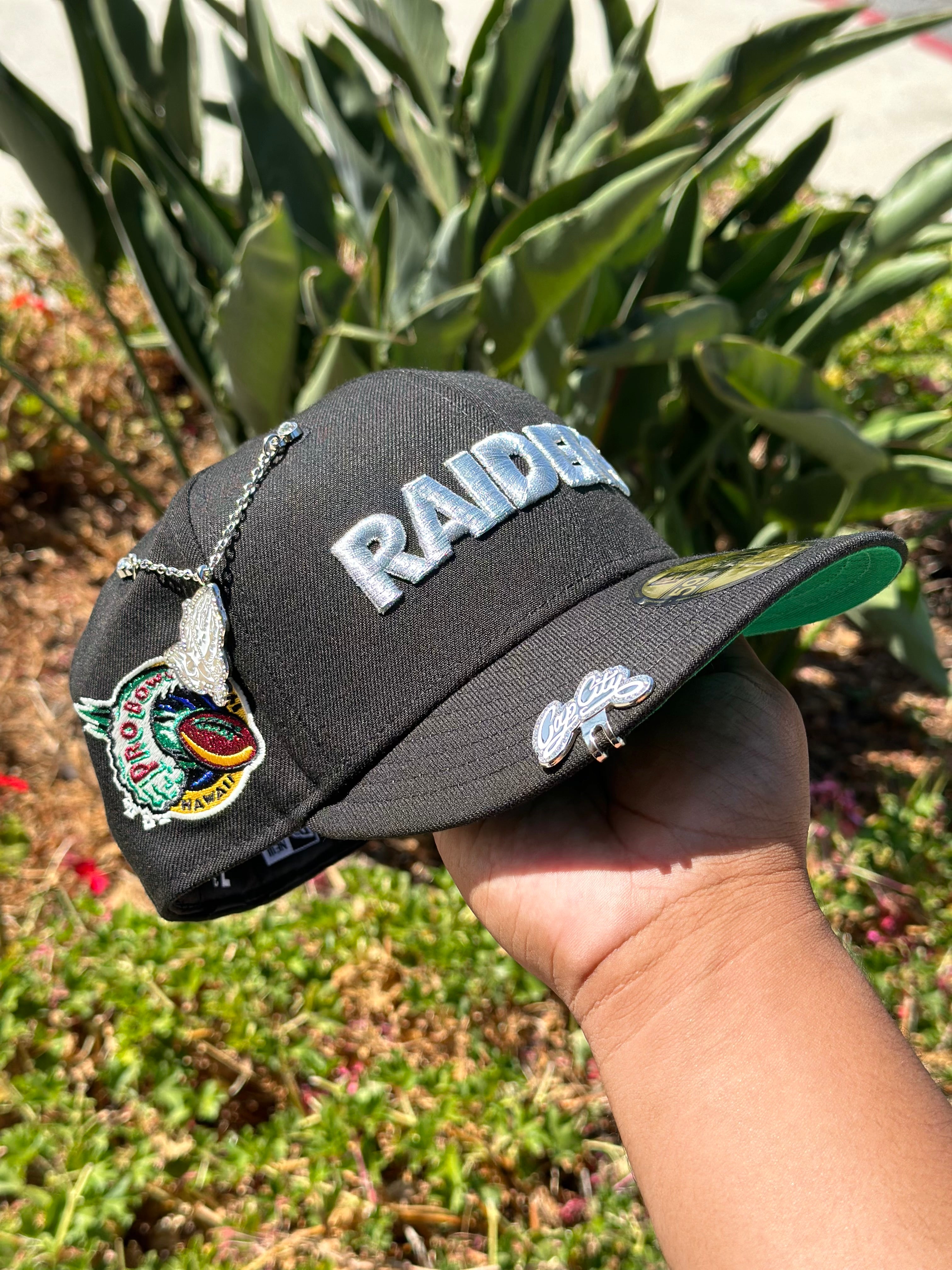 NEW ERA EXCLUSIVE 59FIFTY BLACK LAS VEGAS RAIDERS SCRIPT W/ PROBOWL SIDE PATCH