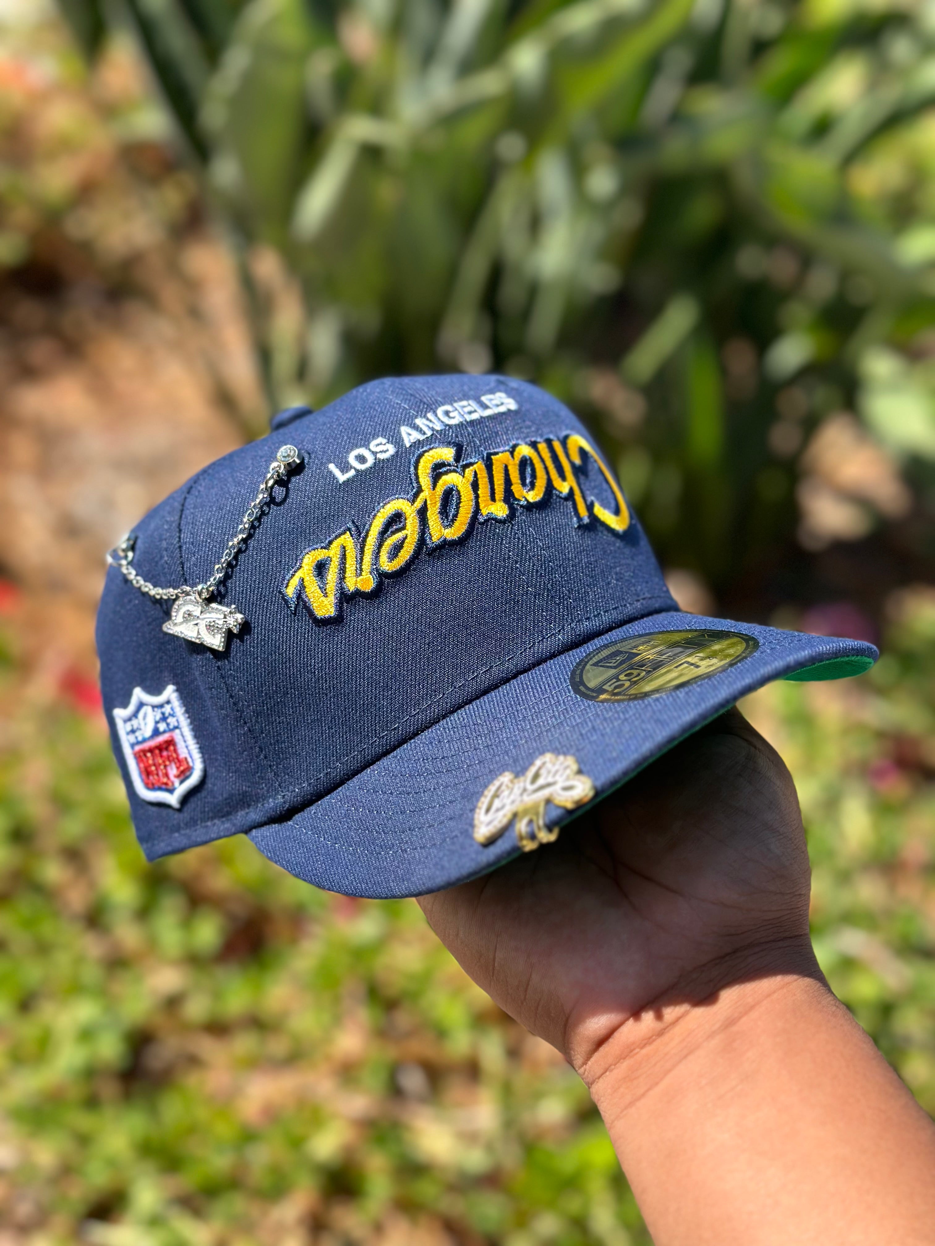 NEW ERA EXCLUSIVE 59FIFTY NAVY UPSIDE DOWN LOS ANGELES CHARGERS SCRIPT W/ NFL LOGO SIDE PATCH