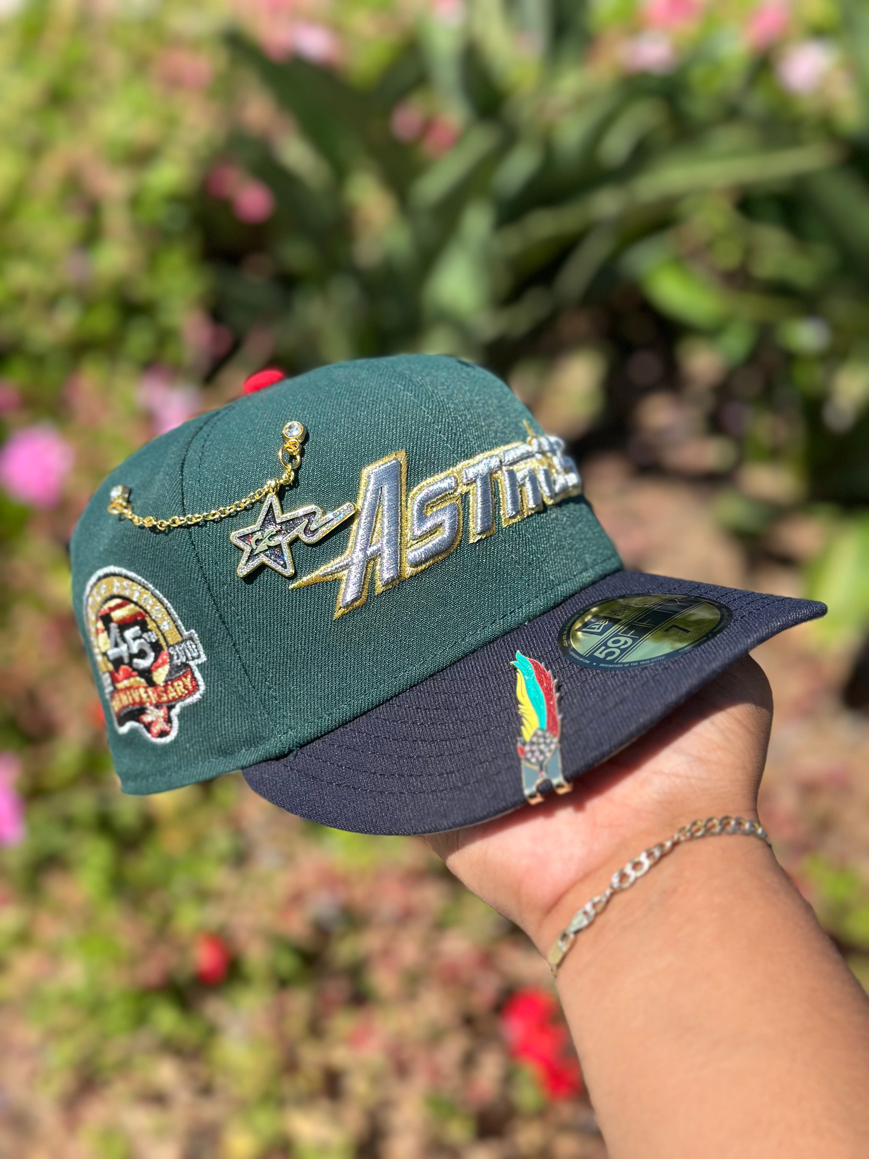 NEW ERA EXCLUSIVE 59FIFTY EMERALD GREEN/NAVY HOUSTON ASTROS SCRIPT W/ 45TH ANNIVERSARY SIDE PATCH