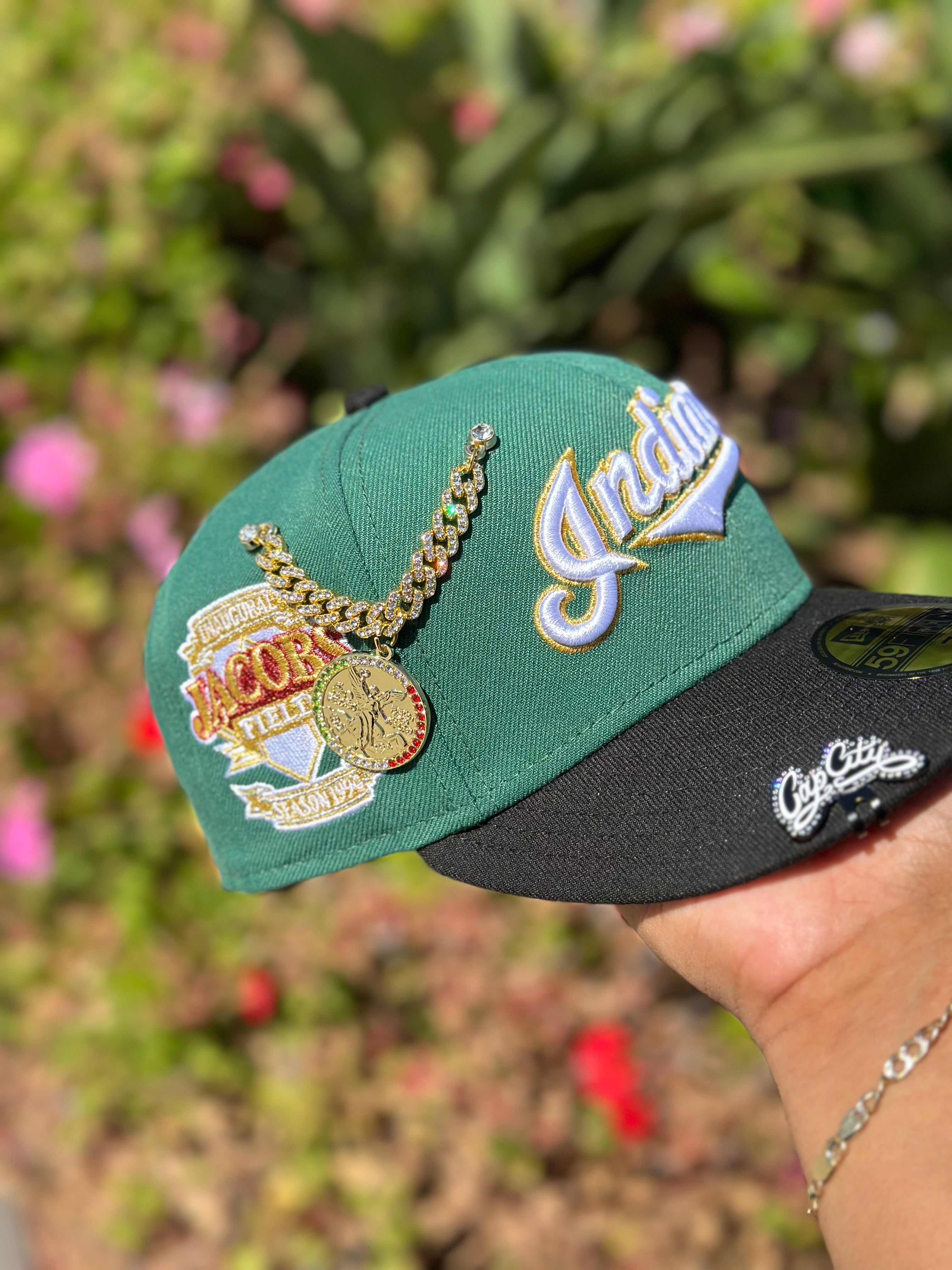 NEW ERA EXCLUSIVE 59FIFTY PINE GREEN/BLACK CLEVELAND INDIANS SCRIPT W/ "JACOBS FIELD" SIDE PATCH