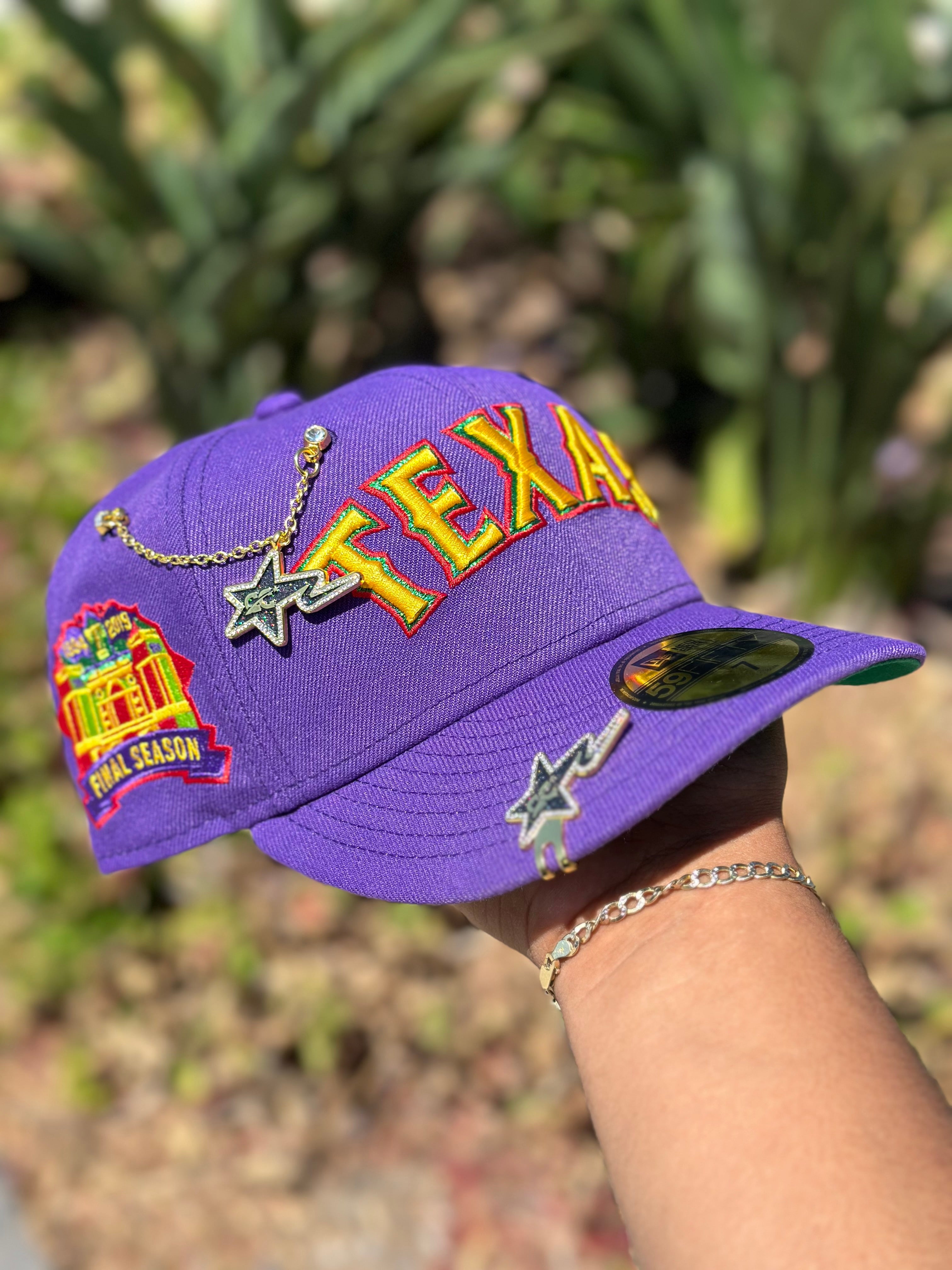 NEW ERA EXCLUSIVE 59FIFTY PURPLE TEXAS RANGERS SCRIPT W/ FINAL SEASON SIDE PATCH