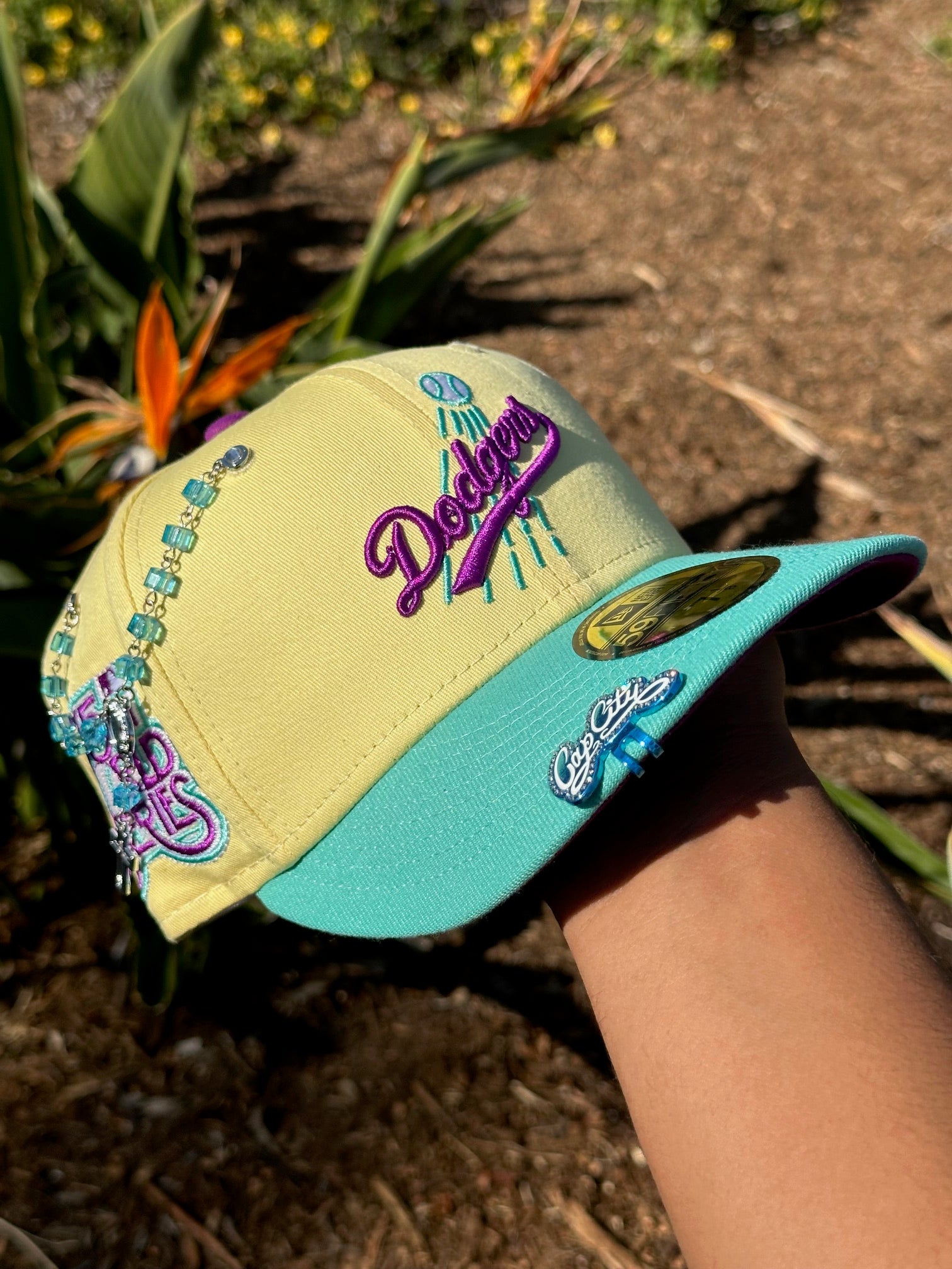 NEW ERA EXCLUSIVE 59FIFTY SOFT YELLOW/TURQUOISE LOS ANGELES DODGERS W/ 75TH WORLD SERIES SIDE PATCH