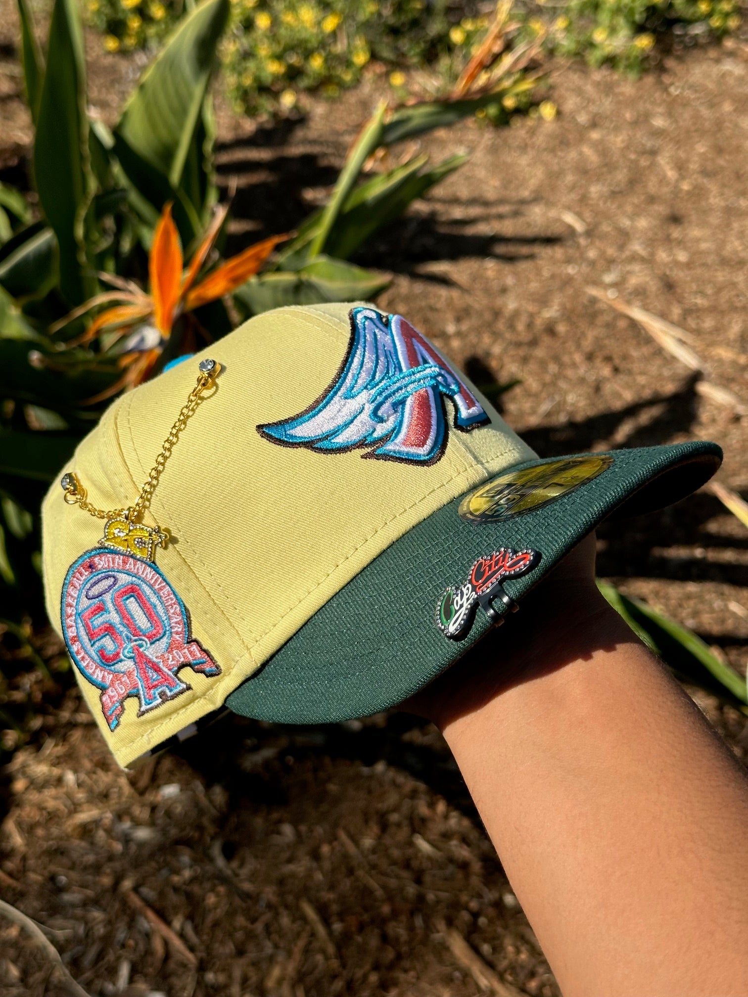 NEW ERA 59FIFTY SOFT YELLOW/GREEN ANAHEIM ANGELS W/ 50TH ANNIVERSARY SIDE PATCH