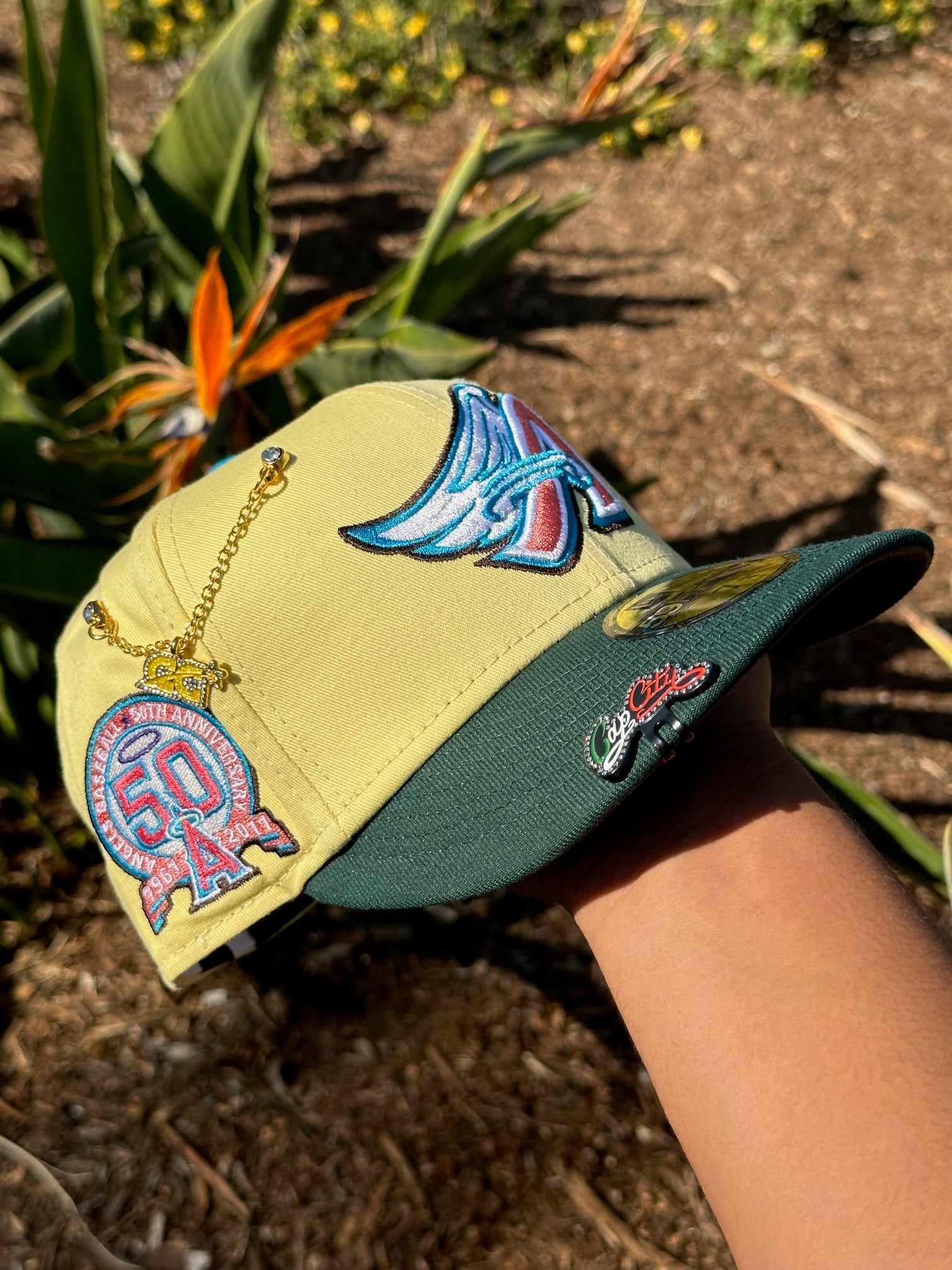 NEW ERA 59FIFTY SOFT YELLOW/GREEN ANAHEIM ANGELS W/ 50TH ANNIVERSARY SIDE PATCH