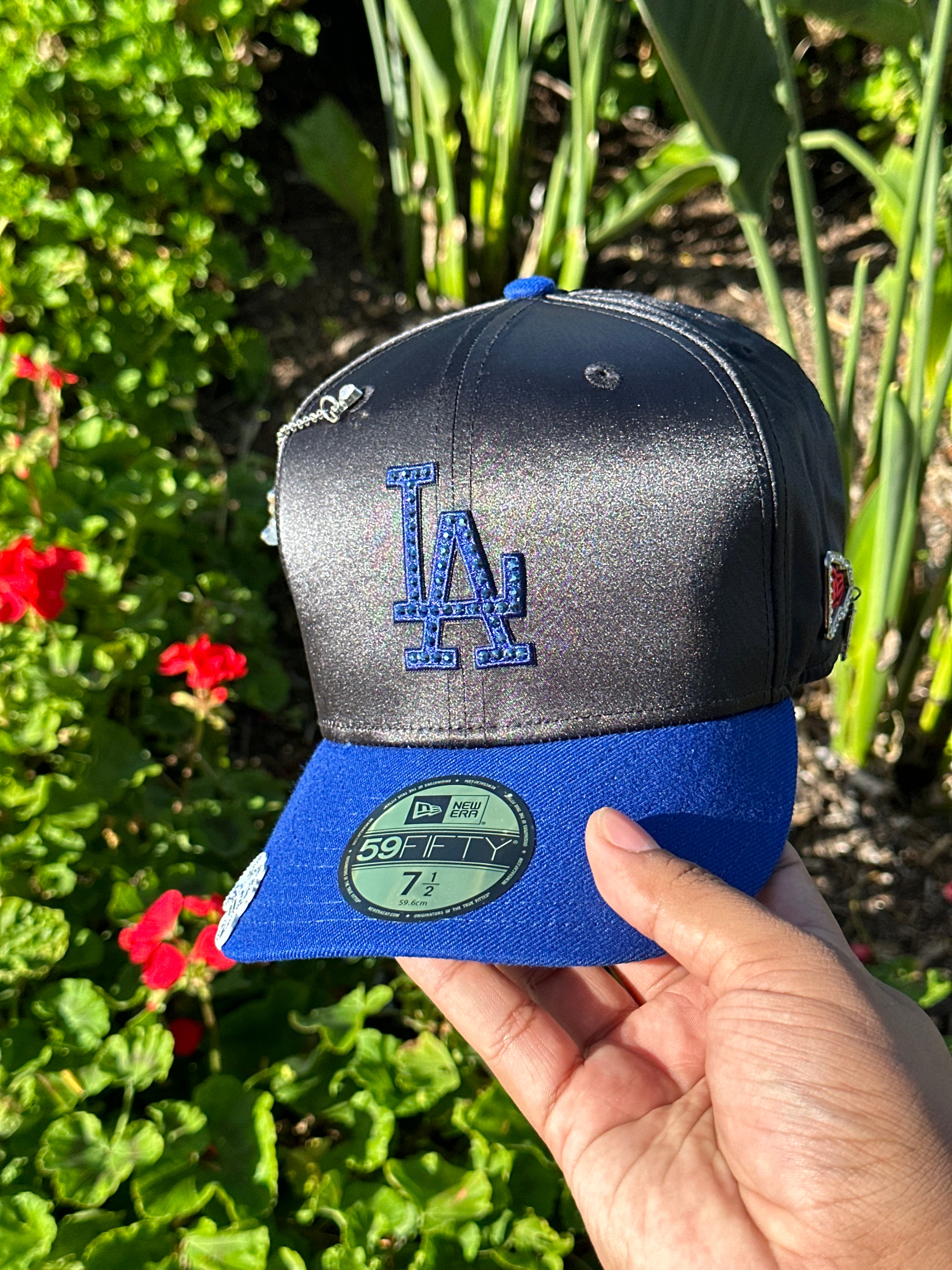 NEW ERA EXCLUSIVE 59FIFTY SATIN BLUE LOS ANGELES DODGERS W 100TH ANNIVERSARY SIDEPATCH