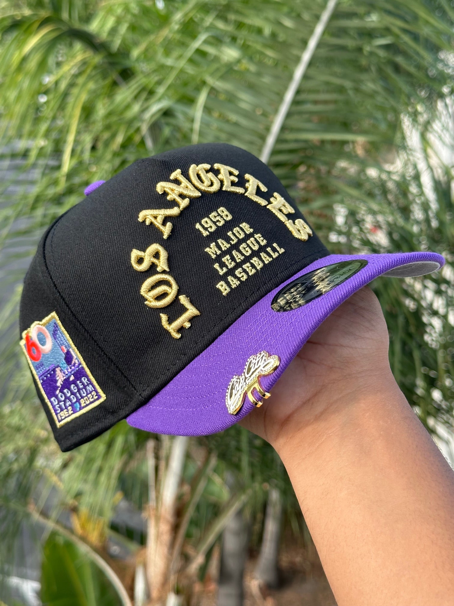 NEW ERA EXCLUSIVE 9FIFTY A-FRAME BLACK/PURPLE LOS ANGELES DODGERS 1958 MLB SCRIPT W/ DODGER STADIUM SIDE PATCH