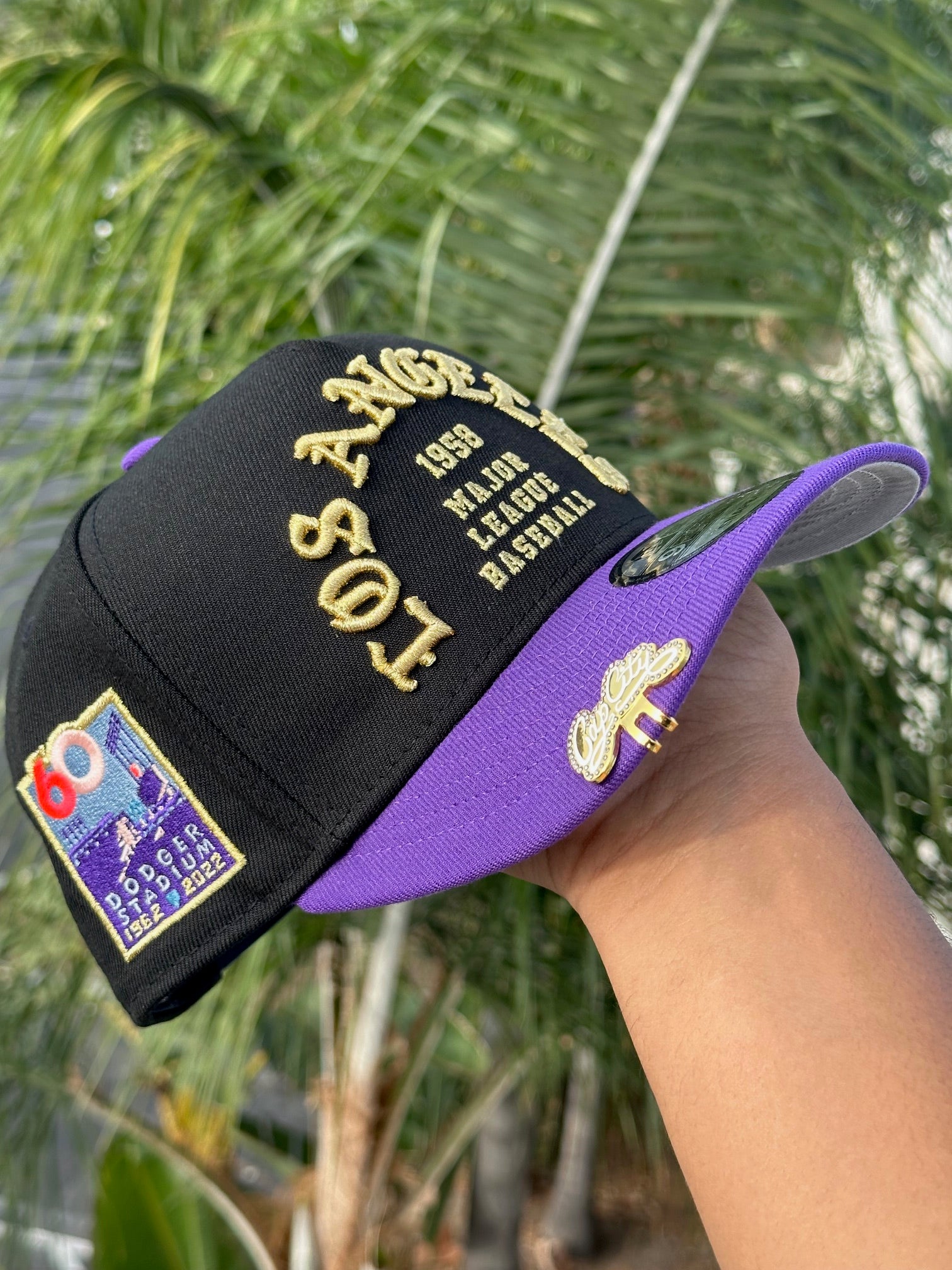 NEW ERA EXCLUSIVE 9FIFTY A-FRAME BLACK/PURPLE LOS ANGELES DODGERS 1958 MLB SCRIPT W/ DODGER STADIUM SIDE PATCH