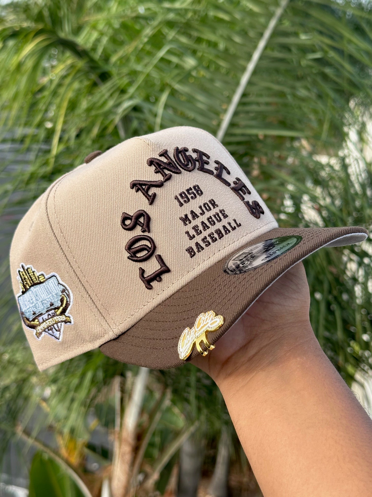 NEW ERA EXCLUSIVE 9FIFTY A-FRAME CAMEL BROWN/WALNUT LOS ANGELES DODGERS 1958 MLB SCRIPT W/ 40TH ANNIVERSARY SIDE PATCH