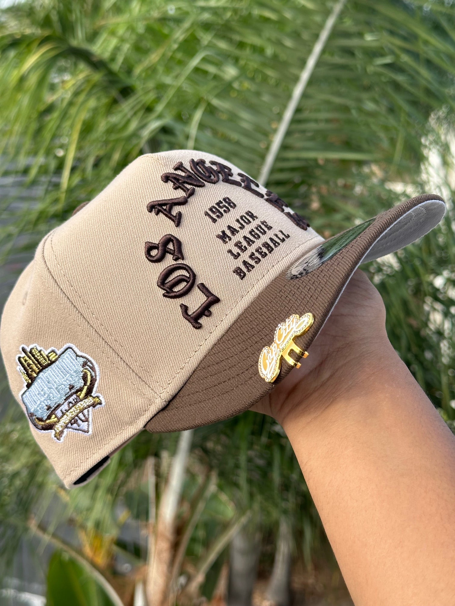 NEW ERA EXCLUSIVE 9FIFTY A-FRAME CAMEL BROWN/WALNUT LOS ANGELES DODGERS 1958 MLB SCRIPT W/ 40TH ANNIVERSARY SIDE PATCH