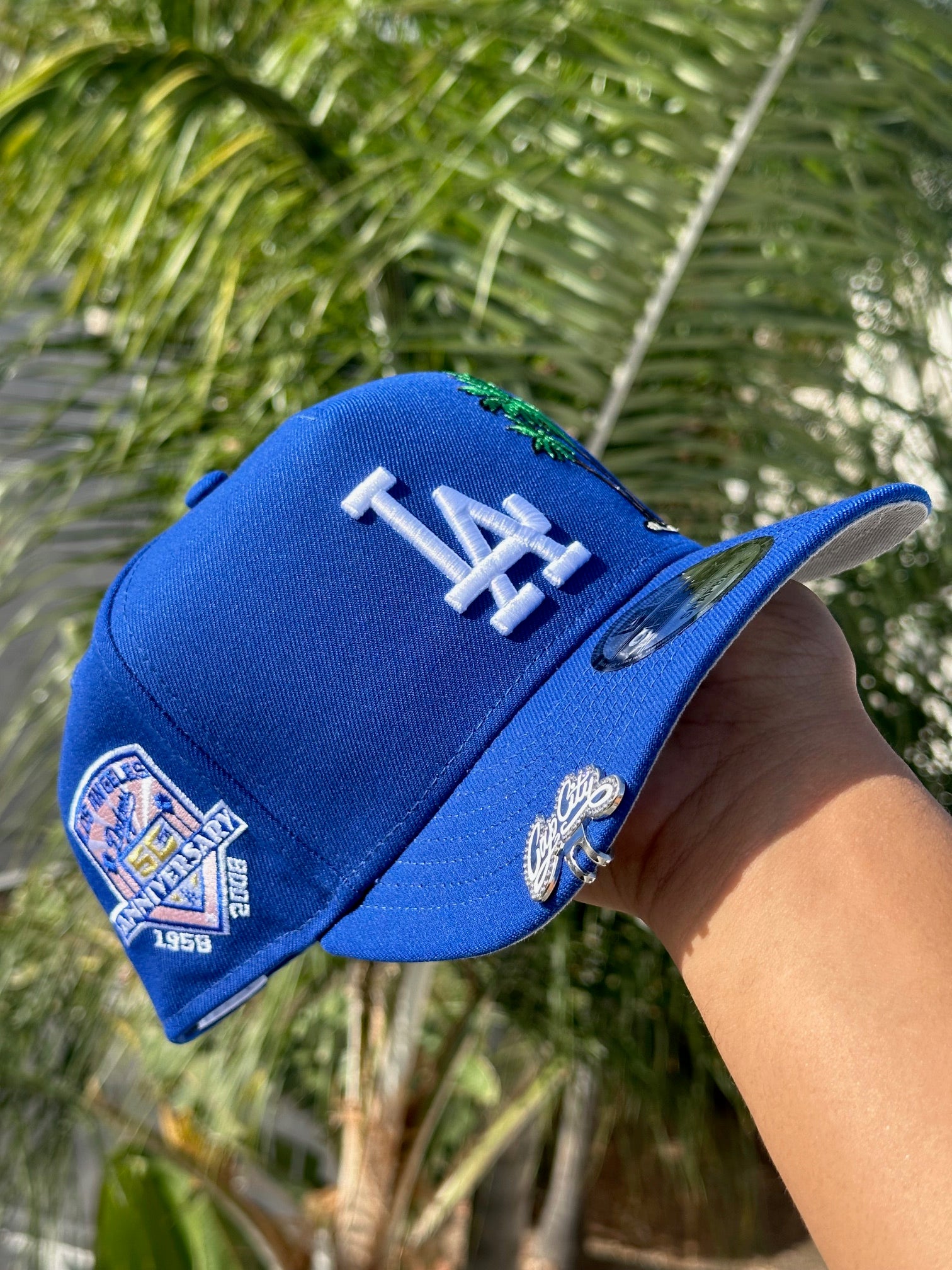 NEW ERA EXCLUSIVE 9FIFTY A-FRAME BLUE LOS ANGELES DODGERS SNAPBACK W/PALM TREES +50TH ANNIVERSARY SIDE PATCH