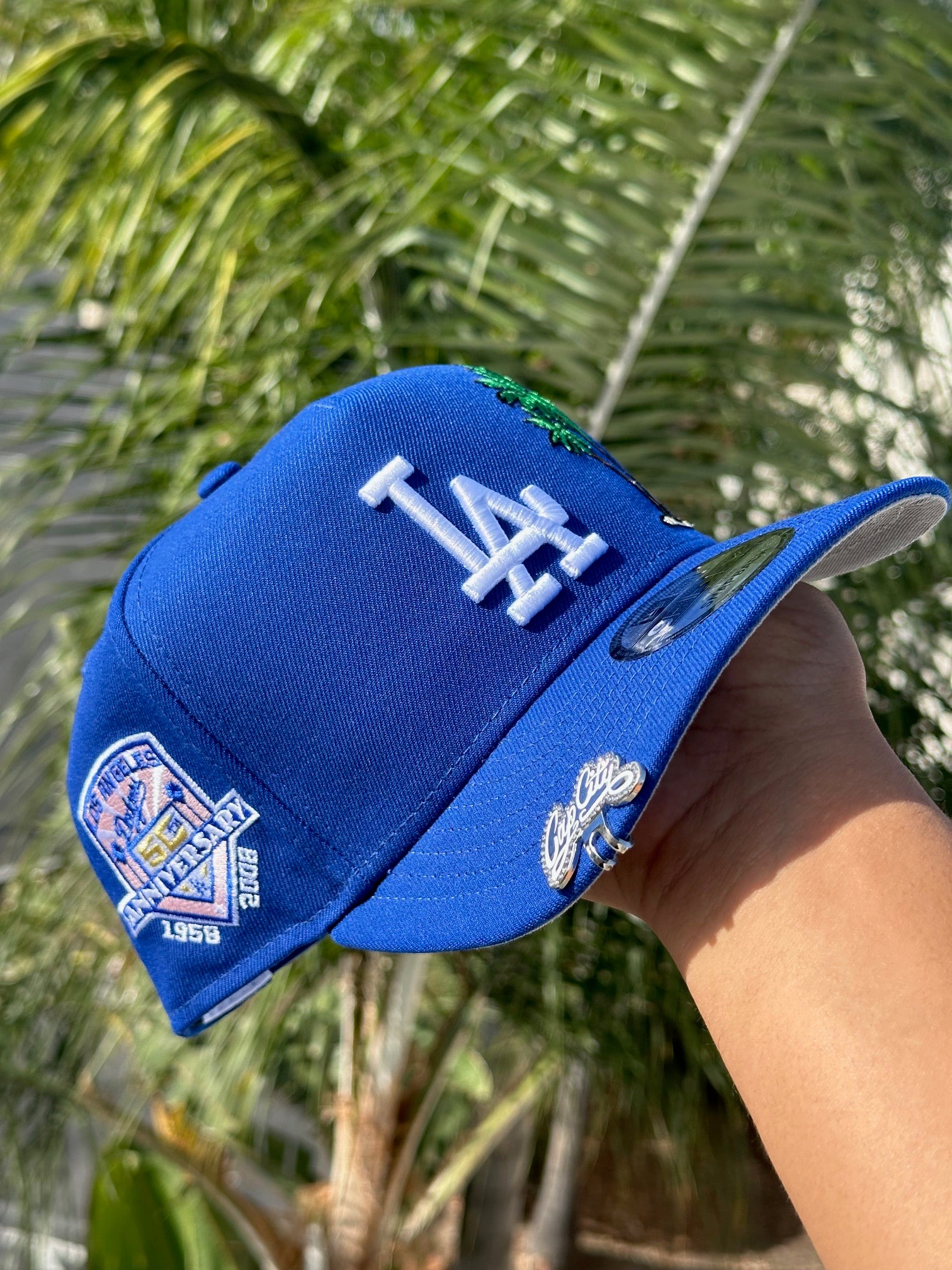 NEW ERA EXCLUSIVE 9FIFTY A-FRAME BLUE LOS ANGELES DODGERS SNAPBACK W/PALM TREES +50TH ANNIVERSARY SIDE PATCH