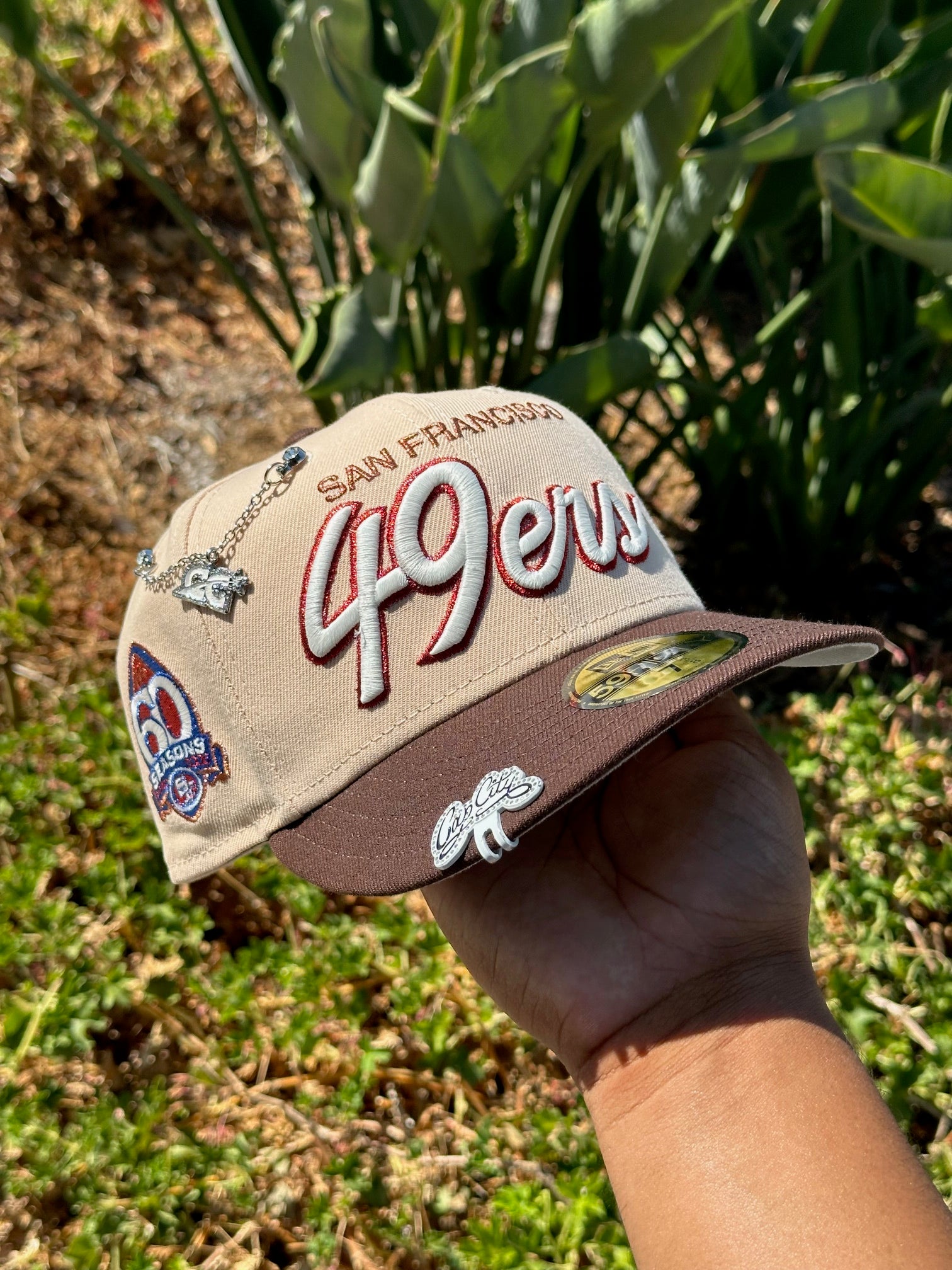 NEW ERA EXCLUSIVE 59FIFTY SOFT BLUSH/WALNUT SAN FRANCISCO "49ERS" SCRIPT W/ 60 SEASONS LOGO SIDE PATCH