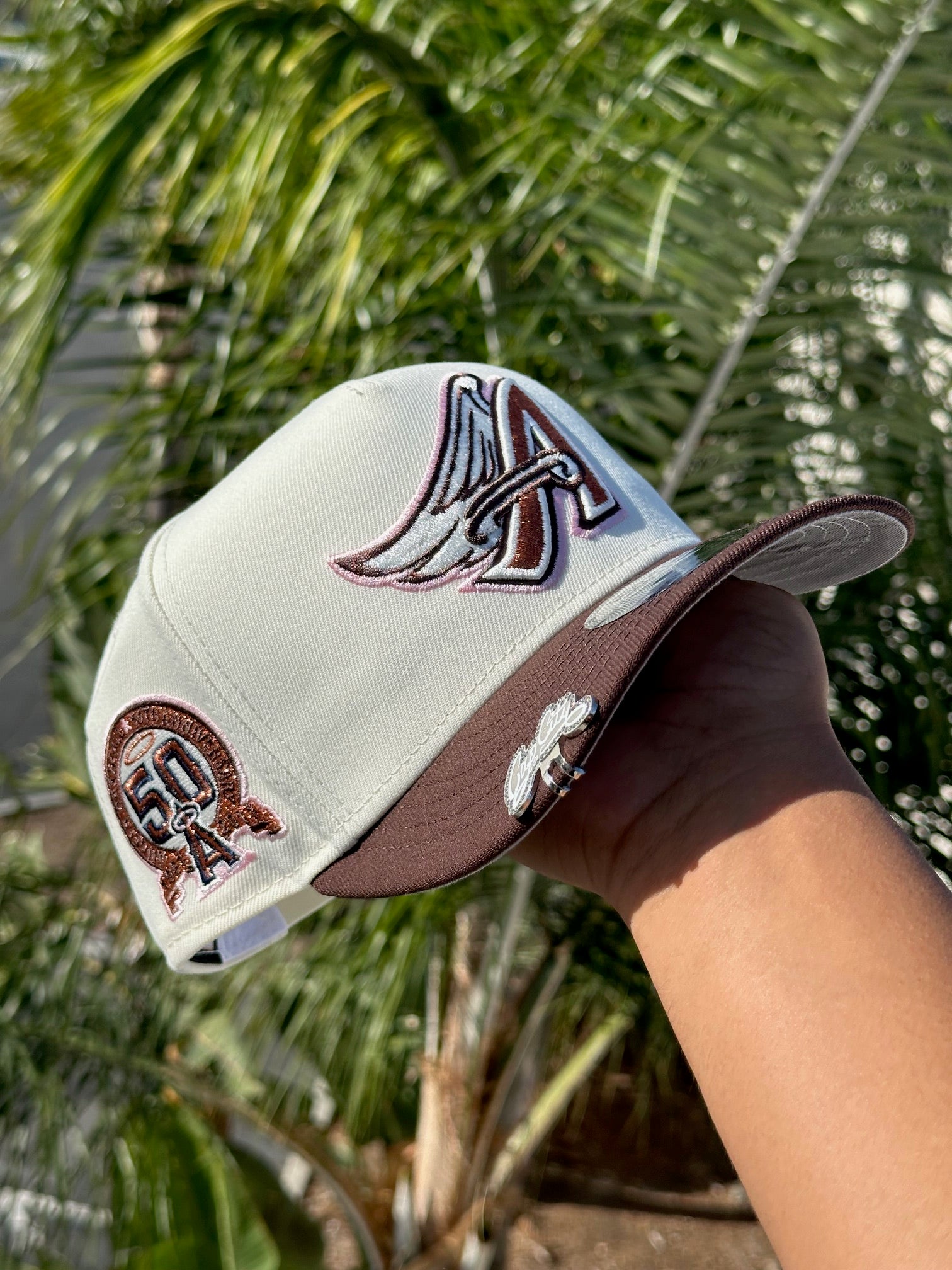 NEW ERA 9FIFTY A-FRAME CHROME WHITE/WALNUT ANAHEIM ANGELS SNAPBACK W/ 50TH ANNIVERSARY SIDE PATCH