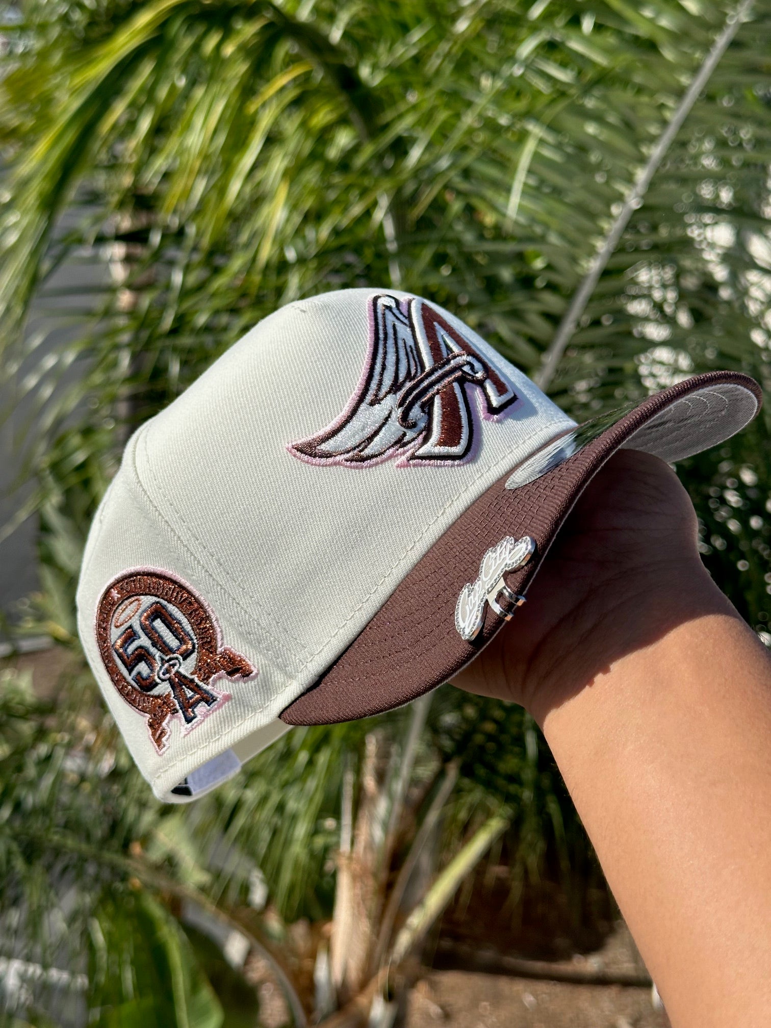 NEW ERA 9FIFTY A-FRAME CHROME WHITE/WALNUT ANAHEIM ANGELS SNAPBACK W/ 50TH ANNIVERSARY SIDE PATCH