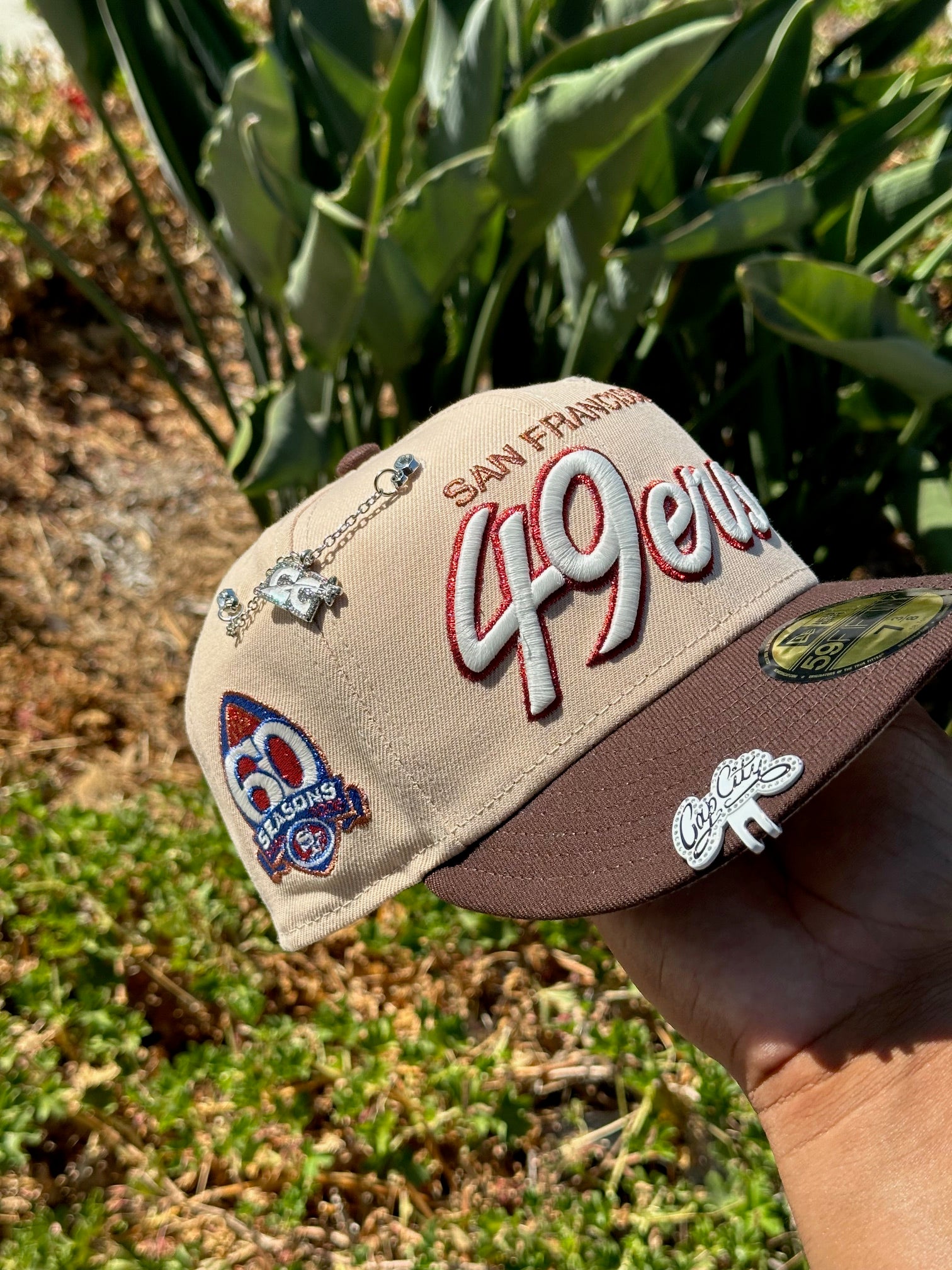 NEW ERA EXCLUSIVE 59FIFTY SOFT BLUSH/WALNUT SAN FRANCISCO "49ERS" SCRIPT W/ 60 SEASONS LOGO SIDE PATCH