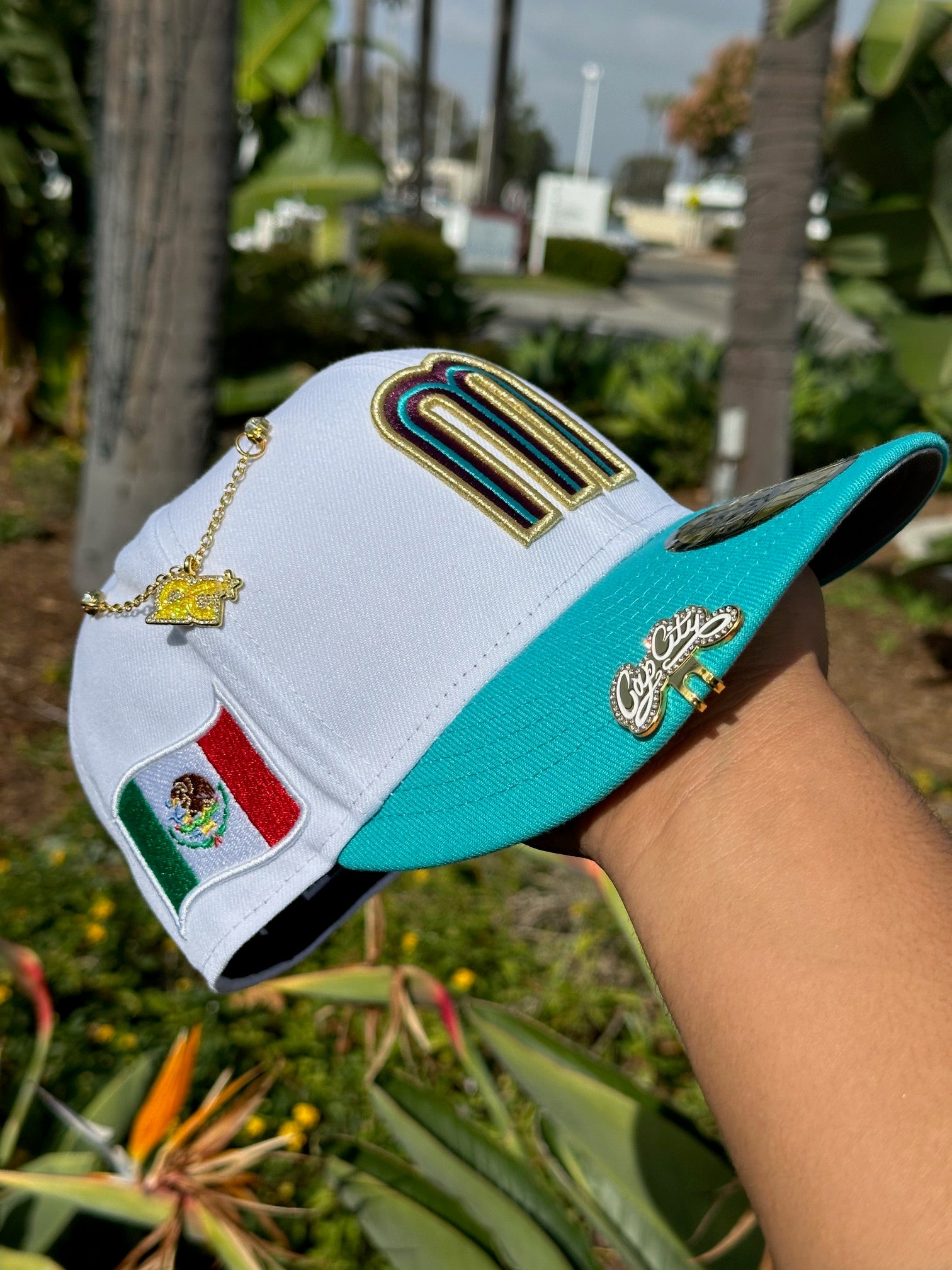 NEW ERA EXCLUSIVE 59FIFTY WHITE/TURQUOISE MEXICO W/ MEXICO FLAG SIDE PATCH